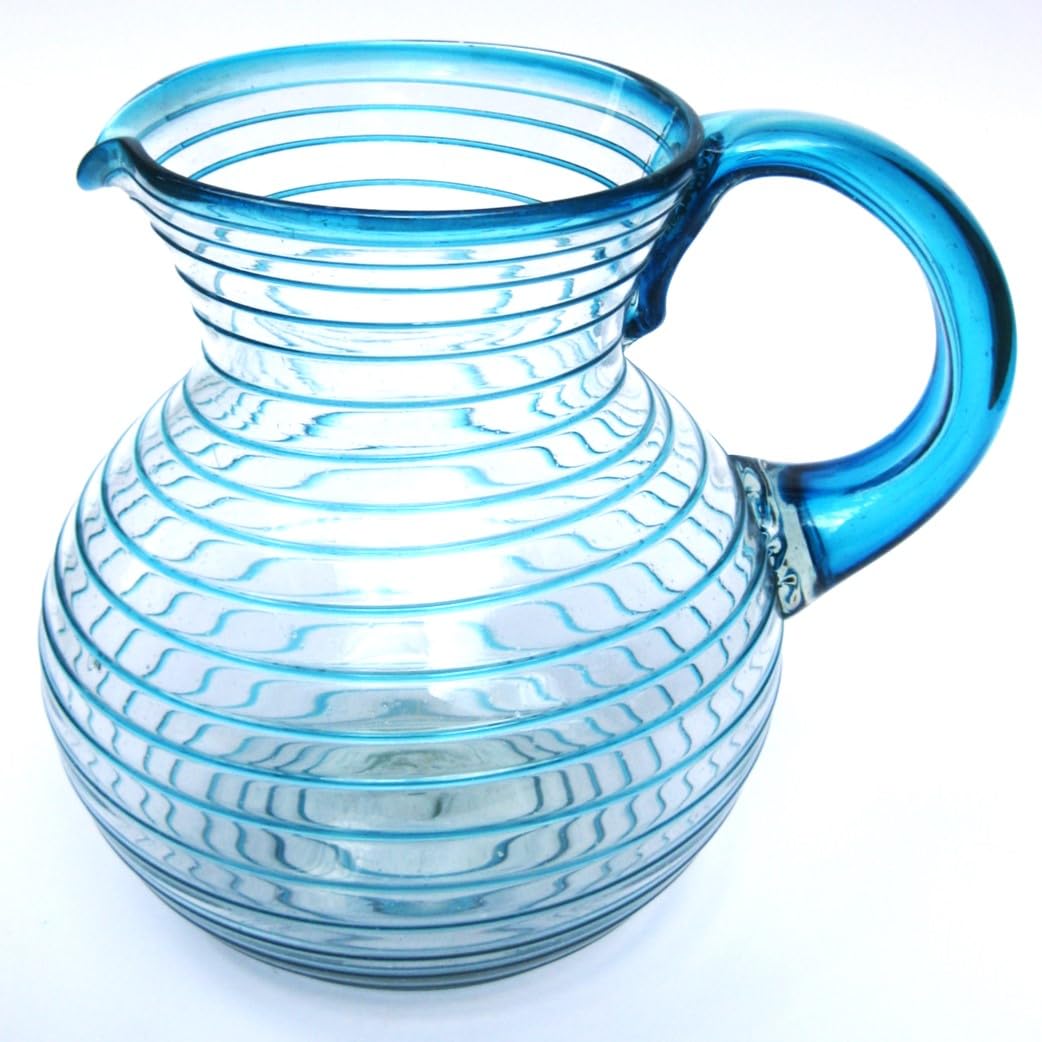 Aqua Blue Spiral 120 oz Large Bola Pitcher - Lead-Free & Toxin-Free Recycled Glass Water Pitcher for Iced Tea, Lemonade & Summer Drinks - Perfect for Parties, BBQs & Outdoor Entertaining