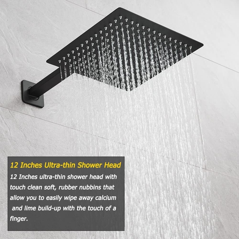Premium Matte Black Shower System - 12 Inch Luxury Rain Shower Head with Handheld Combo, Wall Mounted High Pressure Rainfall Shower Faucet Set with Valve & Trim for Modern Bathroom Remodeling & Spa-Like Experience