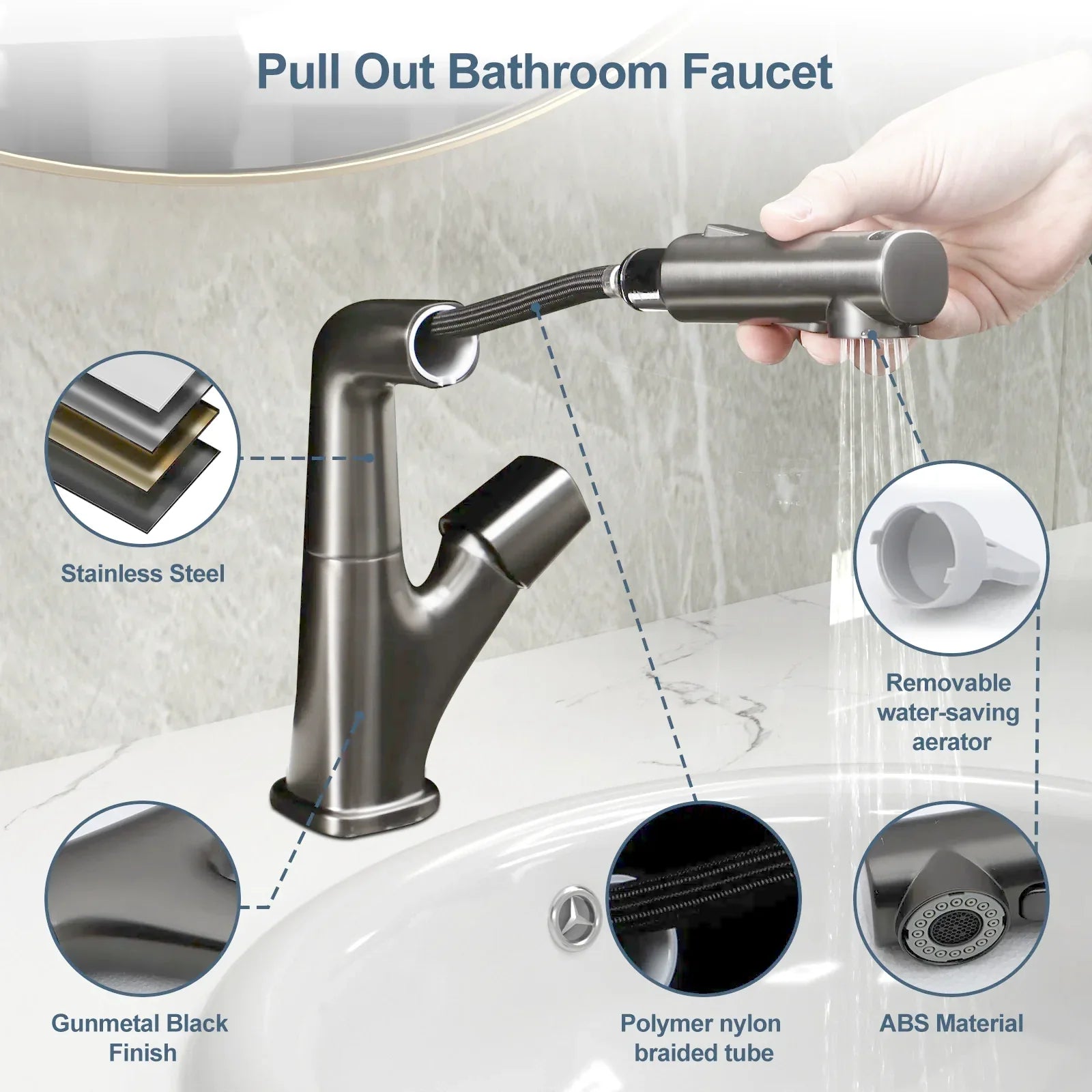 Lordear Stainless Steel 3-Mode 360° Rotating Pull Down Sprayer Bathroom Faucet - Perfect for Kitchen Sink, Bathroom Vanity & Utility Sink Installation