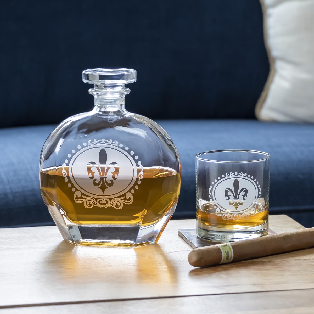 Royal Fleur De Lis 3-Piece Whiskey Decanter and Glasses Gift Set - Elegant Barware for Bourbon, Scotch & Cocktails | Perfect for Home Bars, Weddings & Gifts