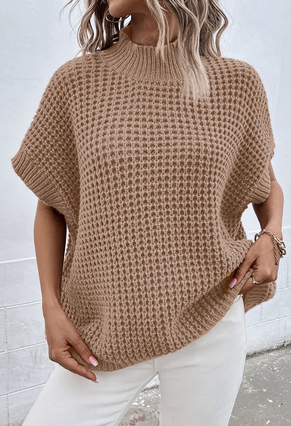 Viottiset Women's Oversized Short Batwing Sleeve Mock Neck Sweater Vest - Fall Sleeveless Pullover Knit Top for Casual Outfits, Layering & Office Wear