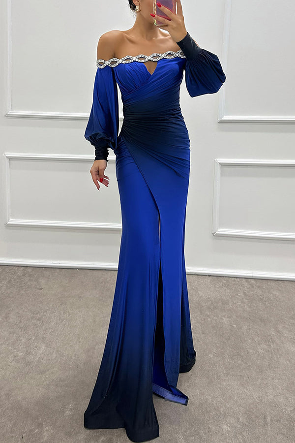 Julieta Gradient Print Boat Neck Off Shoulder Maxi Dress with Gem Details & Side Slit - Elegant Evening Gown for Prom, Wedding Guest & Special Occasions