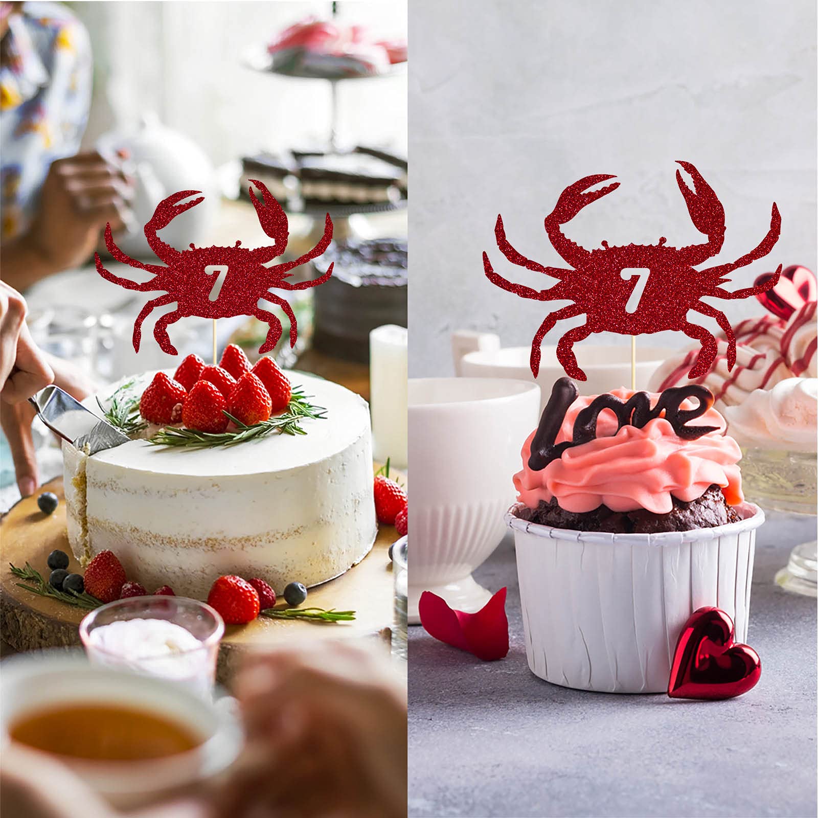 Red Glitter Happy 7th Birthday Cake Topper - Crab Themed Party Decoration for Kids' 7 Years Old Celebration | Perfect for Birthday Cakes, Cupcakes & Dessert Tables