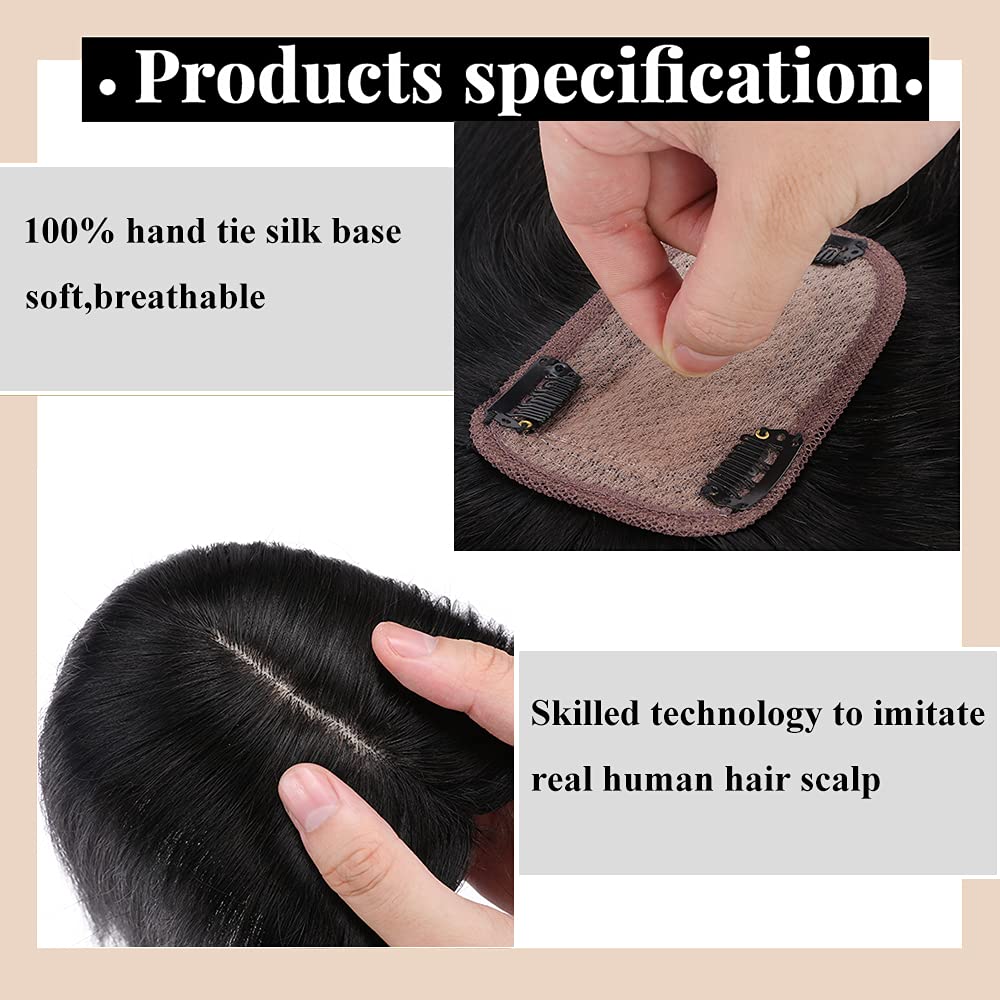 MY-LADY 150% Density Human Hair Toppers With Bangs - 18 Inch Natural Black Silk Base Clip-in Hairpiece for Women with Thinning Hair & Hair Loss - Perfect for Daily Wear, Parties & Special Occasions