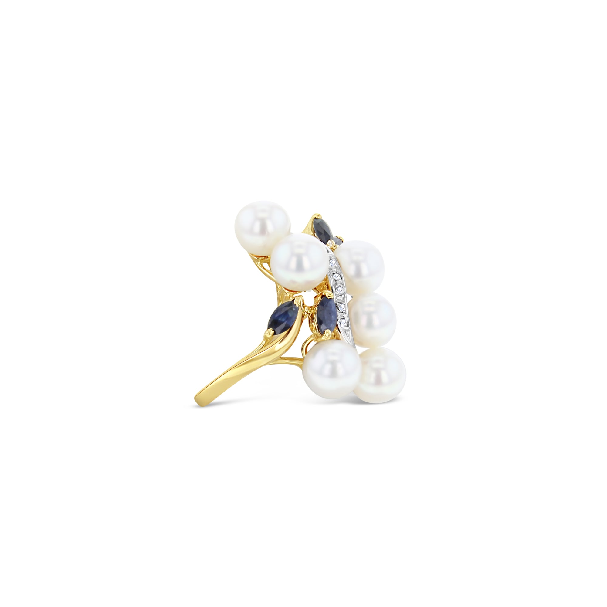 14k Yellow Gold Freshwater Pearl Sapphire Diamond Cluster Ring – Elegant Jewelry for Weddings, Anniversaries & Special Occasions