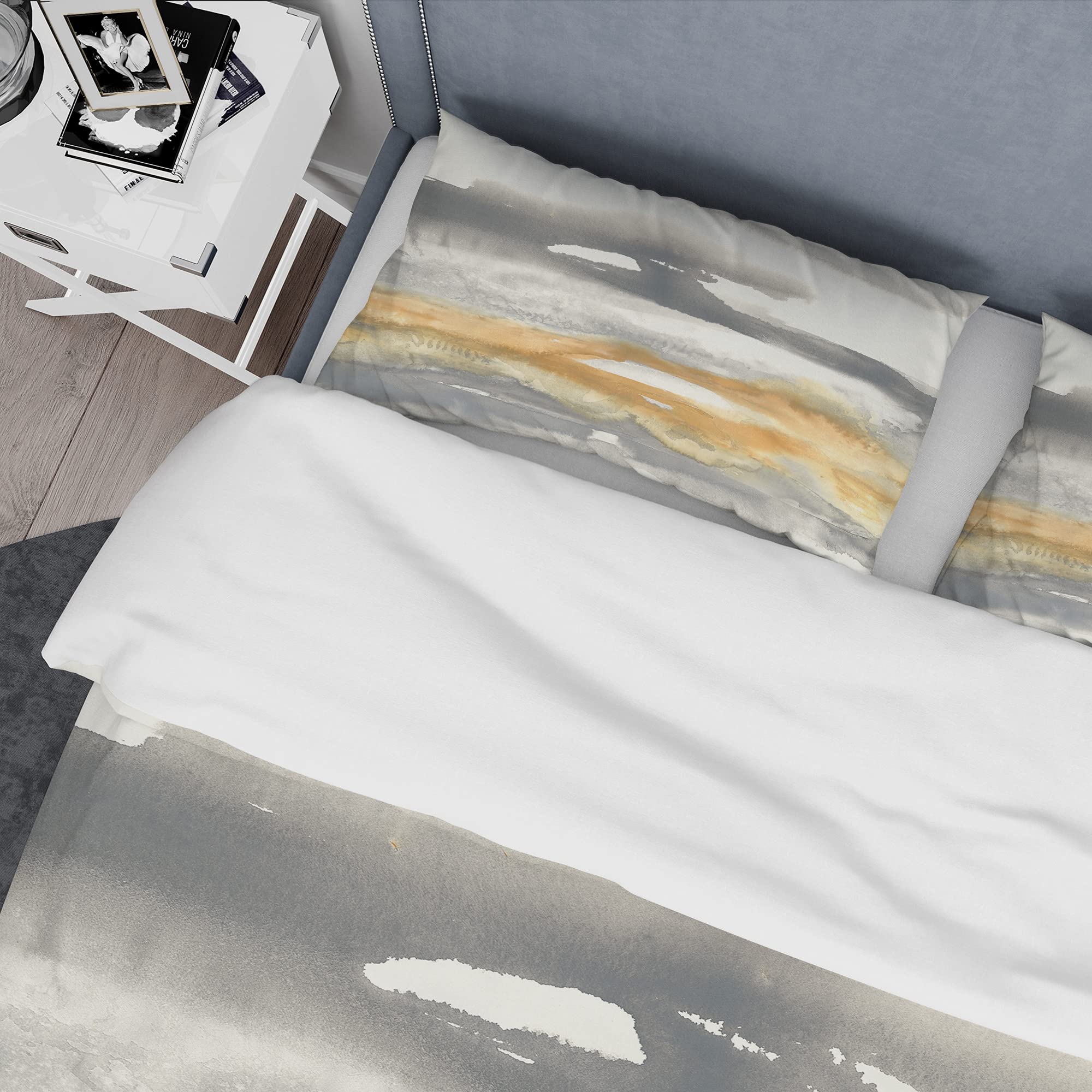 DesignQ Gold Glamour Direction Modern Contemporary Duvet Cover Set - King Size Grey Abstract Bedding 3-Piece Set | All Season Luxury Bedding for Master Bedroom & Guest Room Decor