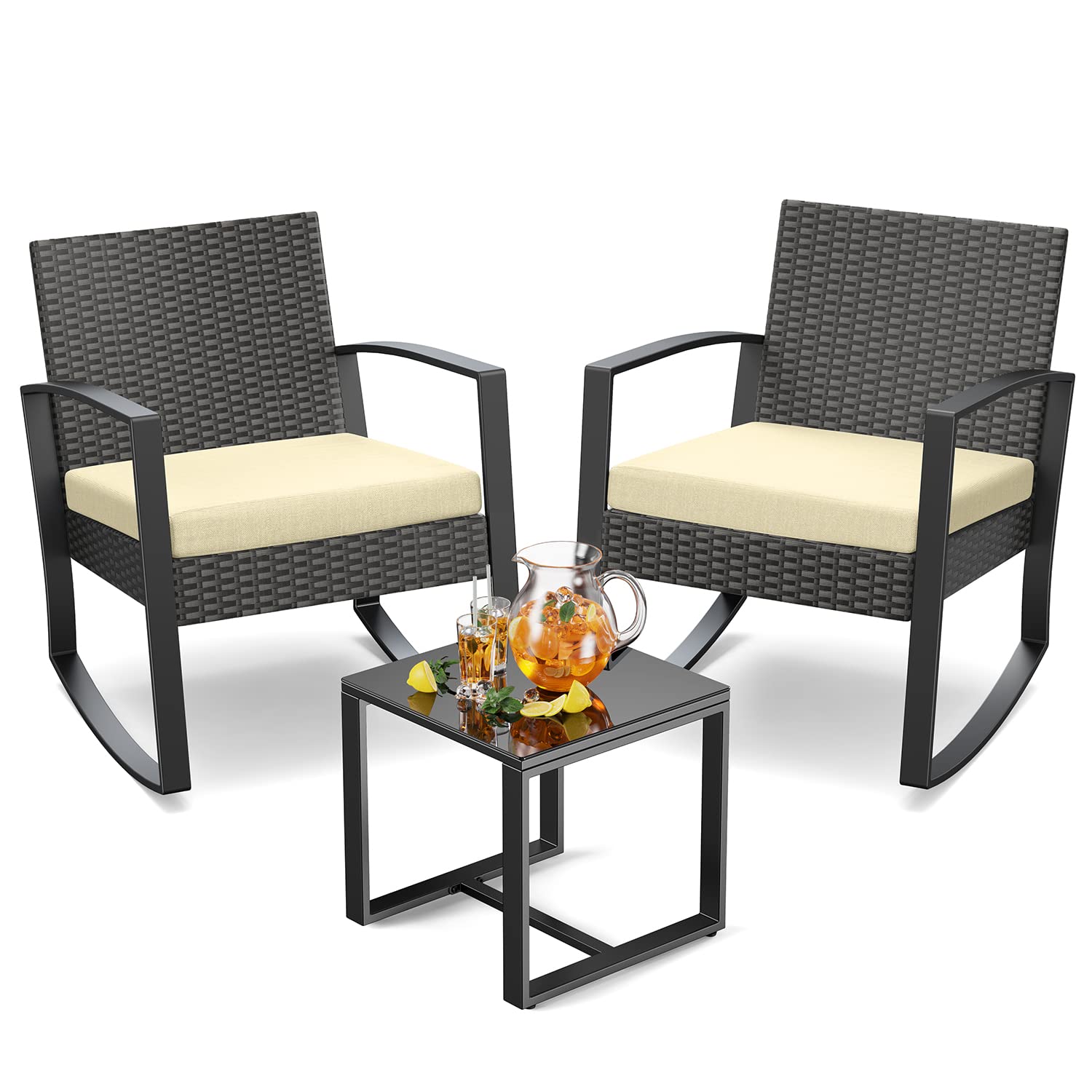 Modern Outdoor Wicker Patio Furniture Set - 3-Piece Rattan Bistro Set with Coffee Table & Chairs for Balcony, Porch, Garden, Poolside (Beige) | Perfect for Relaxing, Entertaining & Outdoor Dining