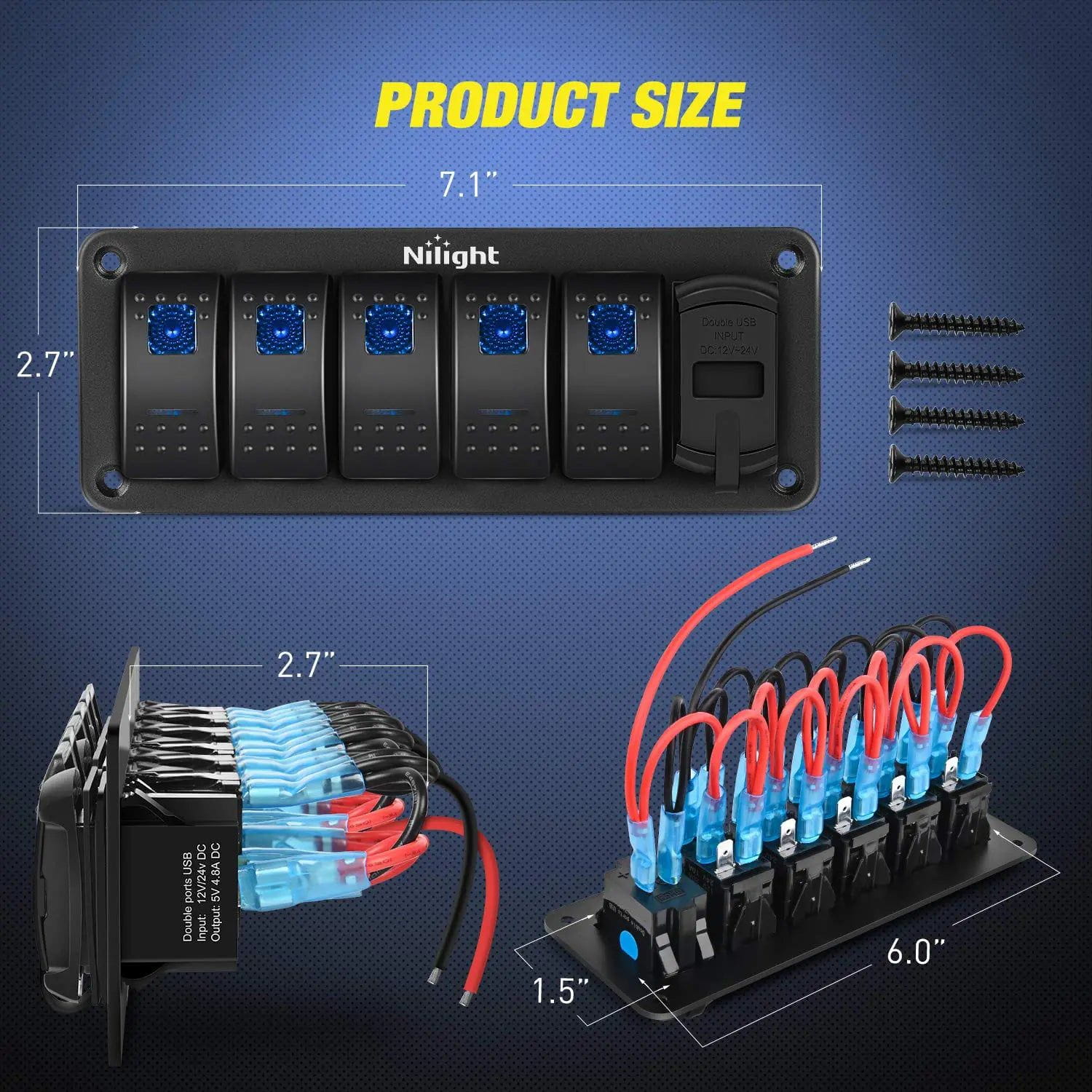 5 Gang Aluminum 5 Pin ON/Off Blue LED Rocker Switch Panel with 4.8A Dual USB Charger & Voltmeter - Perfect for Marine, RV, Truck, and Boat Electrical Systems