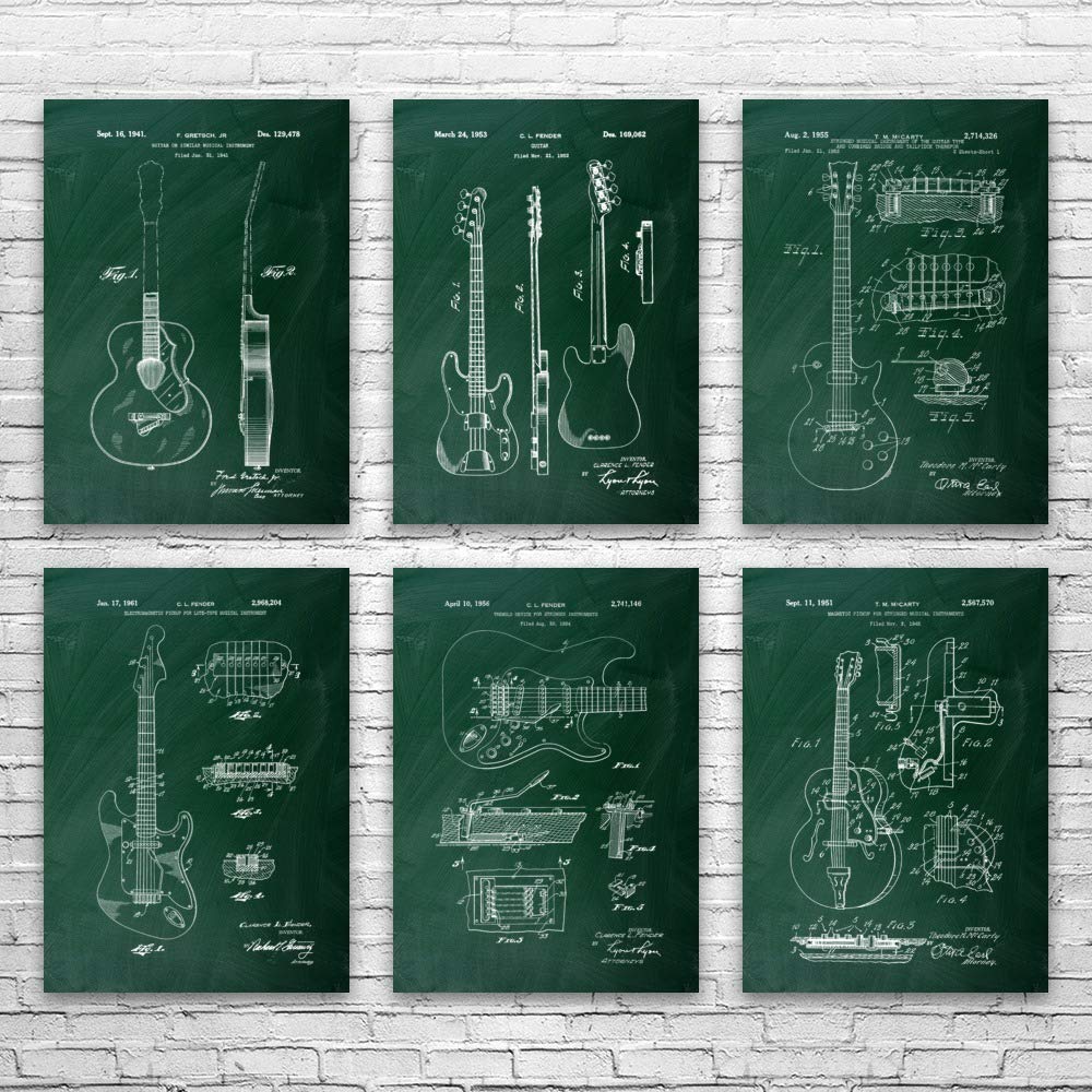 6-Piece Guitar Patent Posters Set - Unique Guitarist & Musician Gift - Vintage Guitar Wall Art Decor - 16x20 Inch Chalkboard Style Green Prints - Perfect for Music Studios, Bedrooms & Guitar Shops
