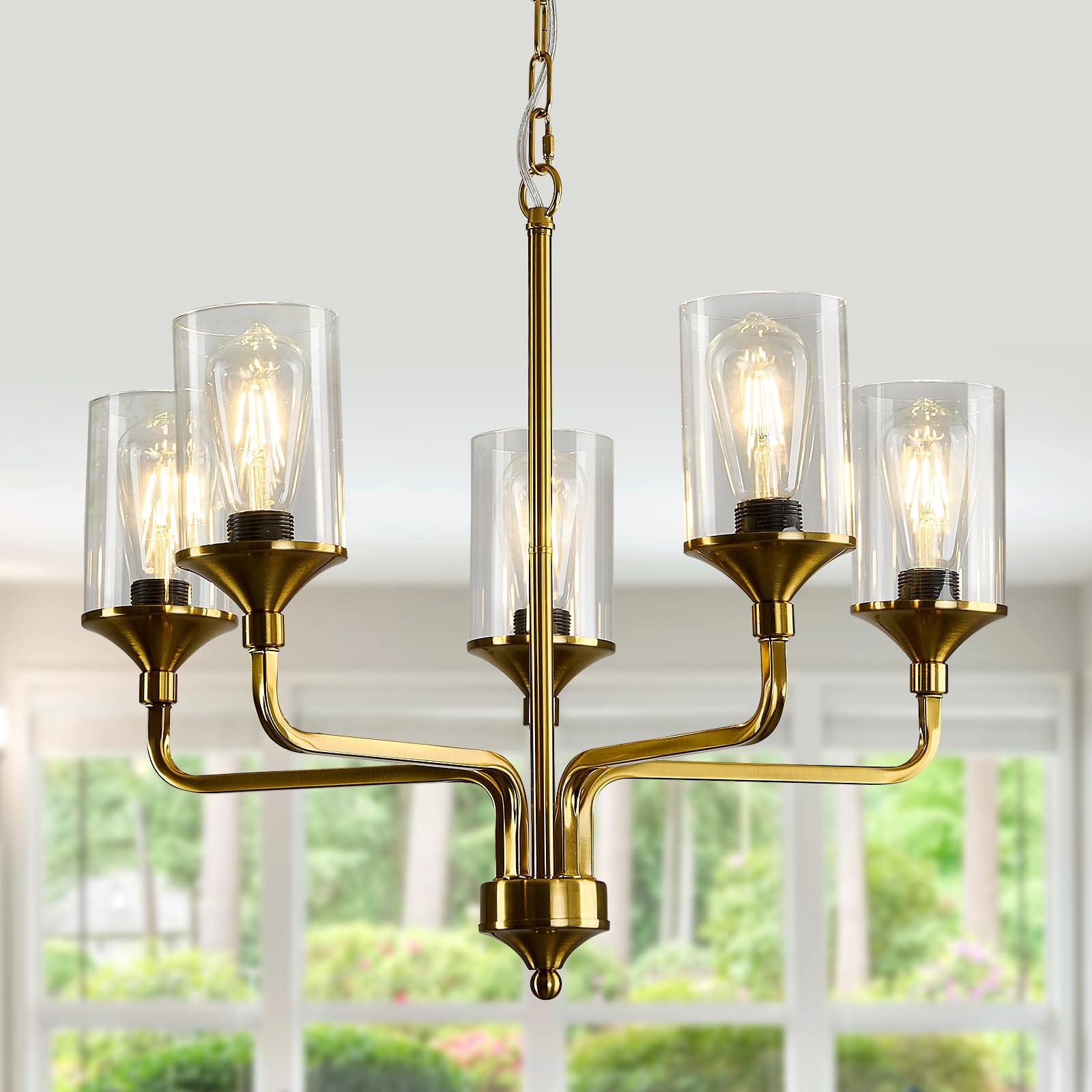 Gold 5-Lights Glass Chandelier - Rustic Metal Pendant Ceiling Light Fixture for Farmhouse, Kitchen, Living Room, Foyer & Dining Room | Elegant Lighting for Home Decor & Special Occasions