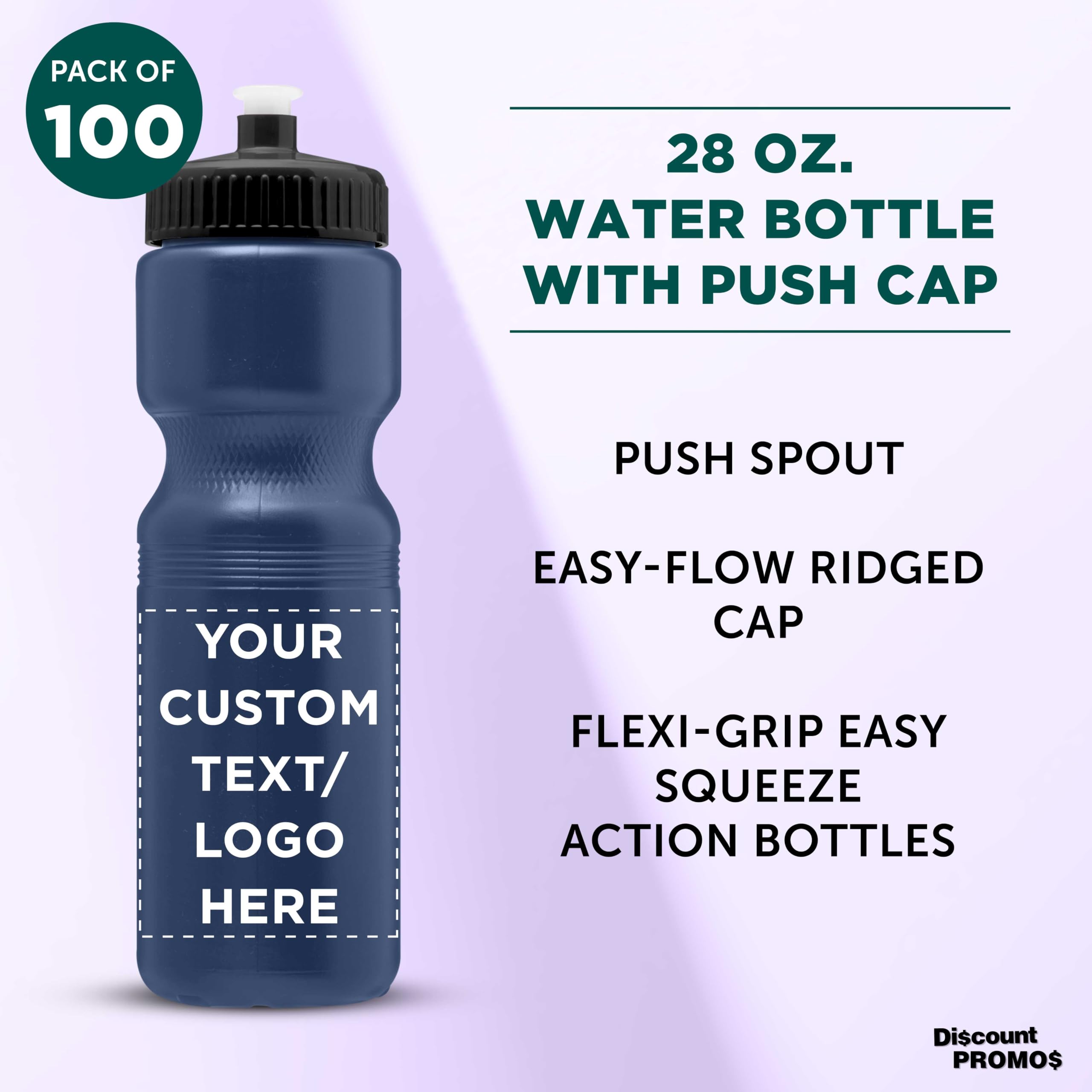 28 oz Custom Push Cap Plastic Water Bottles - Bulk Pack of 100 - Personalized Navy Blue Water Bottles for Gym, Hiking, Camping & Outdoor Sports - Ideal for Hydration at Workouts, Adventures and Team Events