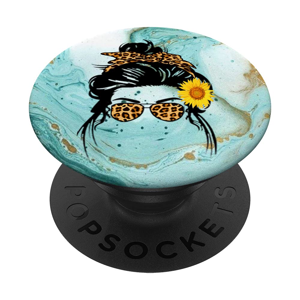 Messy Bun Hair Clip with Leopard Print Bandana & Interchangeable Turquoise Watercolor PopGrip Phone Grip Stand for iPhone Samsung - Yoga Gym Workout Office Everyday Fashion Accessories - Perfect for Sports Travel Casual Outfits and Gift Ideas