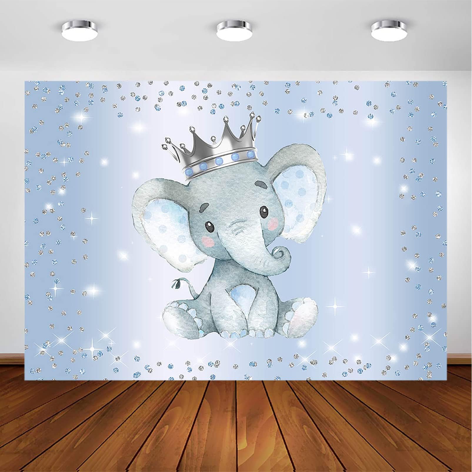 Blue and Silver Glitter Dots Elephant Baby Shower Backdrop - 7x5ft Premium Photography Background for Prince-Themed Parties, Gender Reveals & Nursery Decor | Avezano Boy Elephant Party Decor