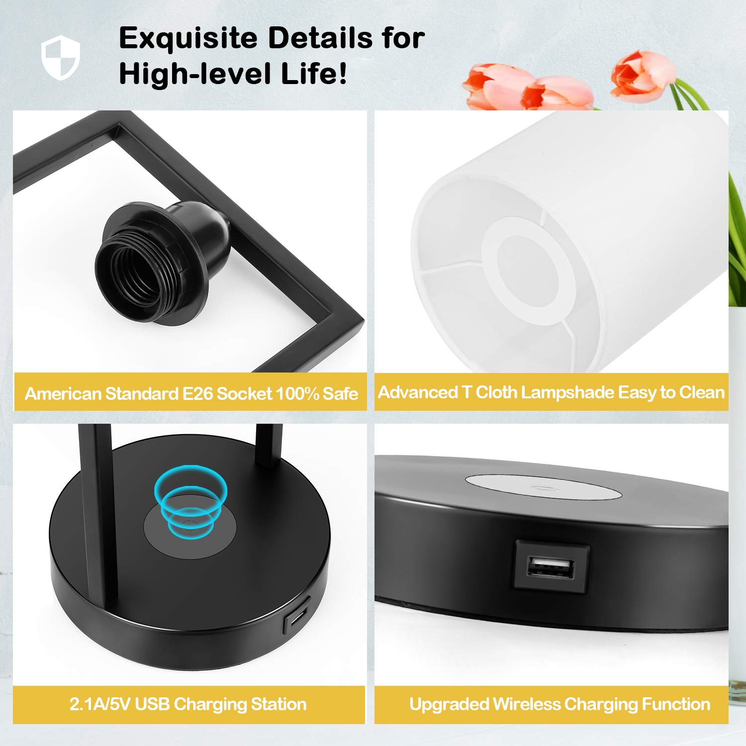 TOBUSA Wireless Charging Touch Control Table Lamps - Set of 2, Modern Dimmable Bedside Nightstand Lamps with White Fabric Shade, E26 Bulbs Included - Perfect for Bedroom, Living Room & Office (Warm White Lighting, Convenient Phone Charging)