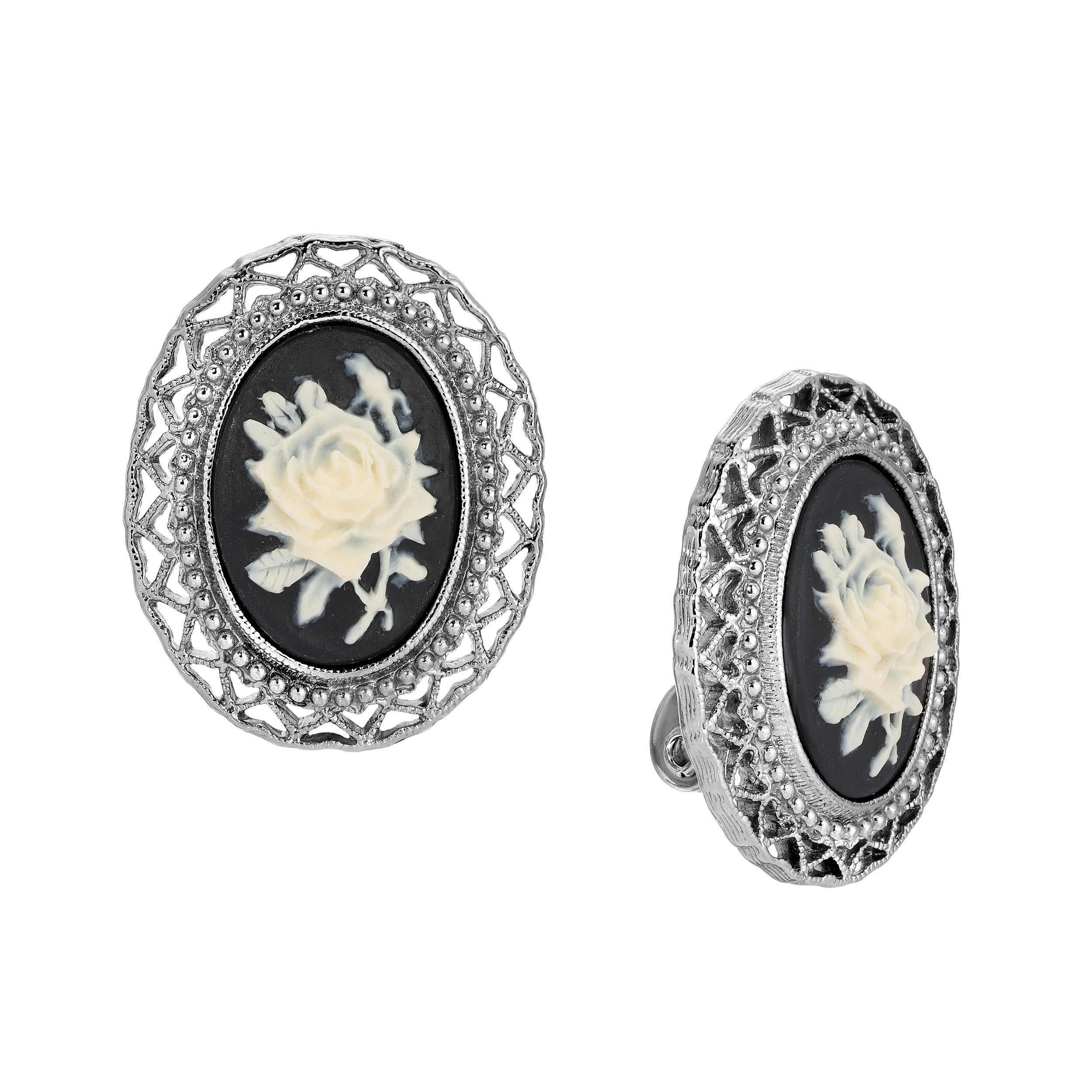 Vintage 1928 Black & Ivory Floral Cameo Heart Clip-On Earrings for Women - Perfect for Weddings, Parties & Retro Fashion