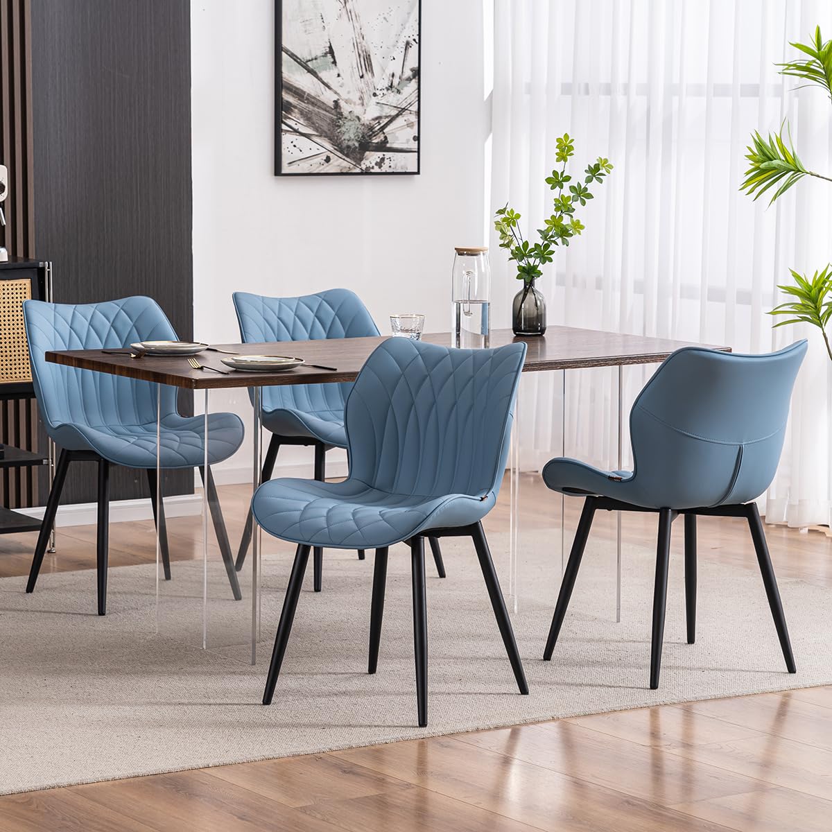 Kidol & Shellder Modern Dining Chairs Set of 2 - PU Leather Upholstered Kitchen Side Chairs with Thick Cushions & Sturdy Metal Legs in Blue - Perfect for Dining Room, Kitchen Island, and Breakfast Nook