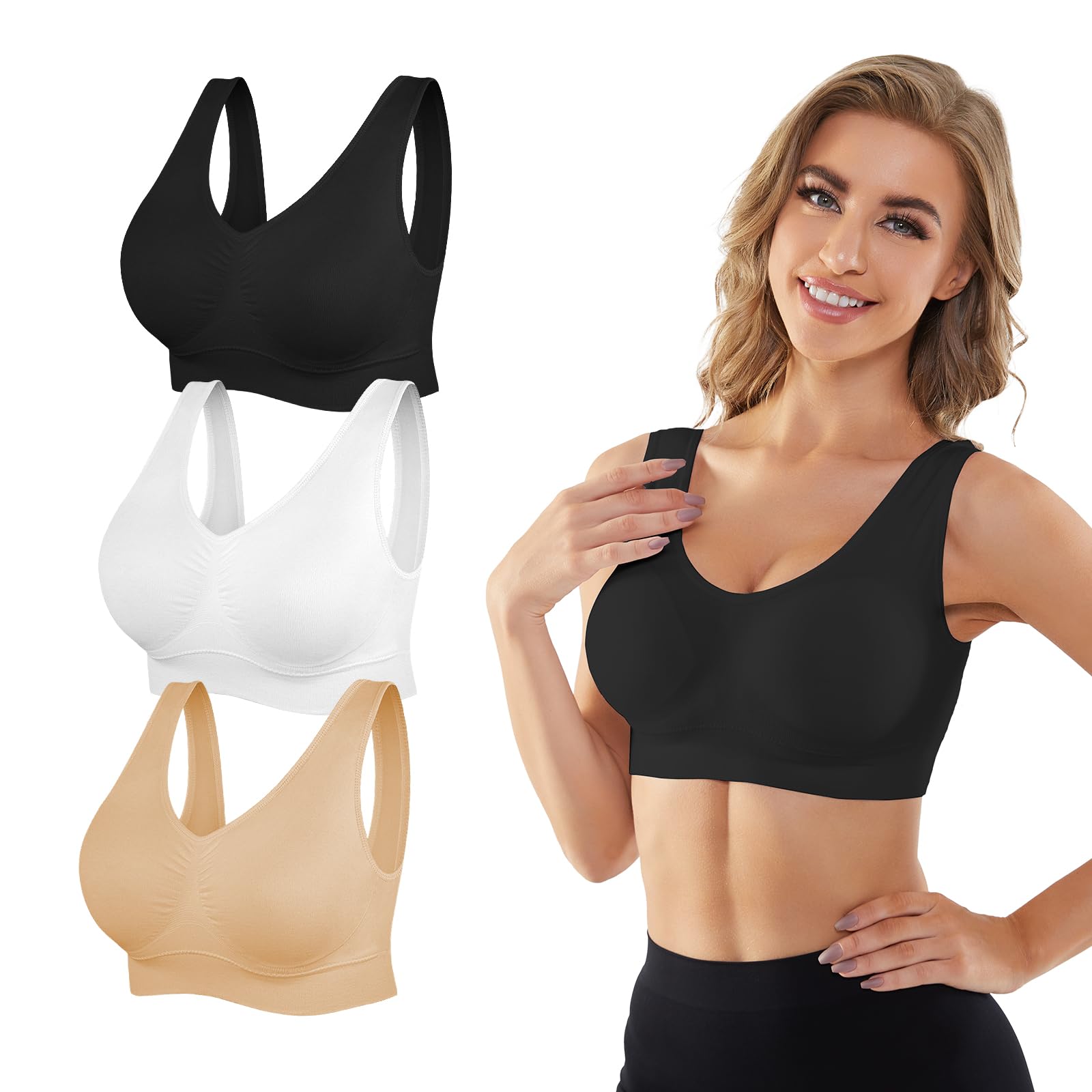 Wireless Seamless Sports Bras for Women 3 Pack - Low Impact Yoga Bras with Removable Pads for Sleeping, Workouts & Everyday Comfort