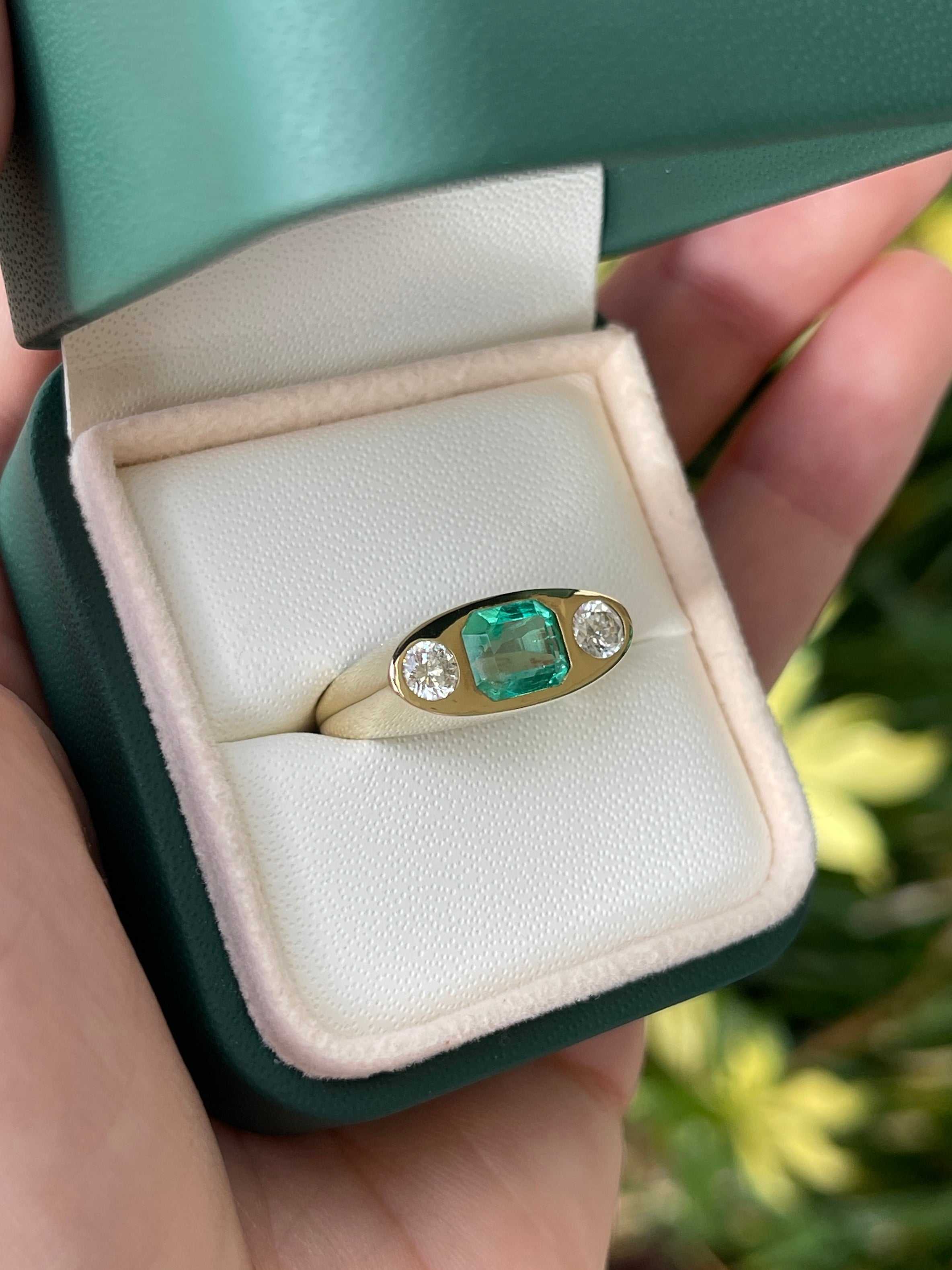 2.70ctw Emerald Cut Diamond & Brilliant Round Three Stone Gypsy Signet Ring in 14K Gold - Elegant Wedding Band, Anniversary Gift, Vintage Jewelry for Women