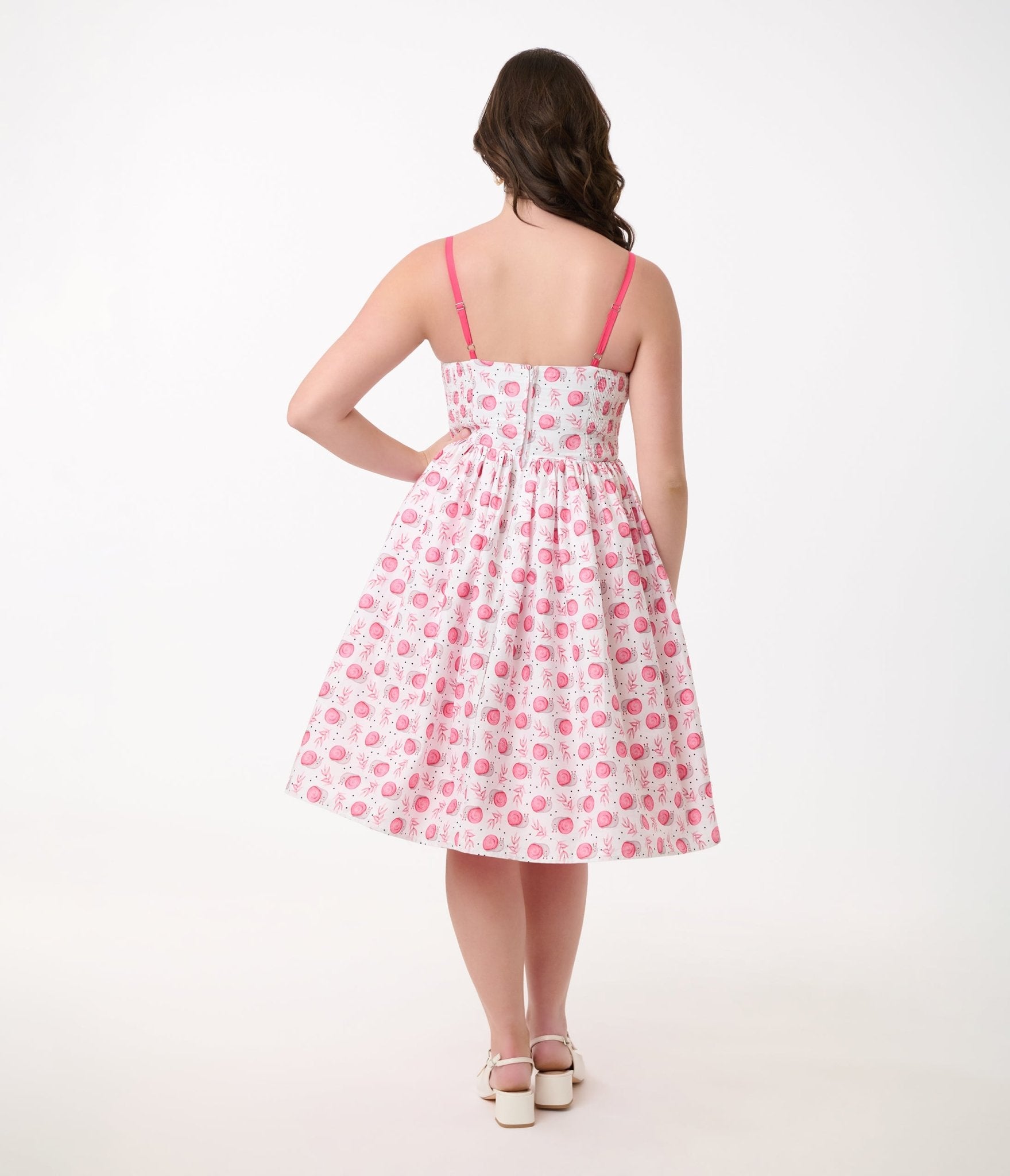 Vintage 1950s White & Pink Snail Print Cotton Swing Dress - Retro Tea Length Dress for Women, Perfect for Cocktail Parties, Garden Weddings & Vintage Themed Events