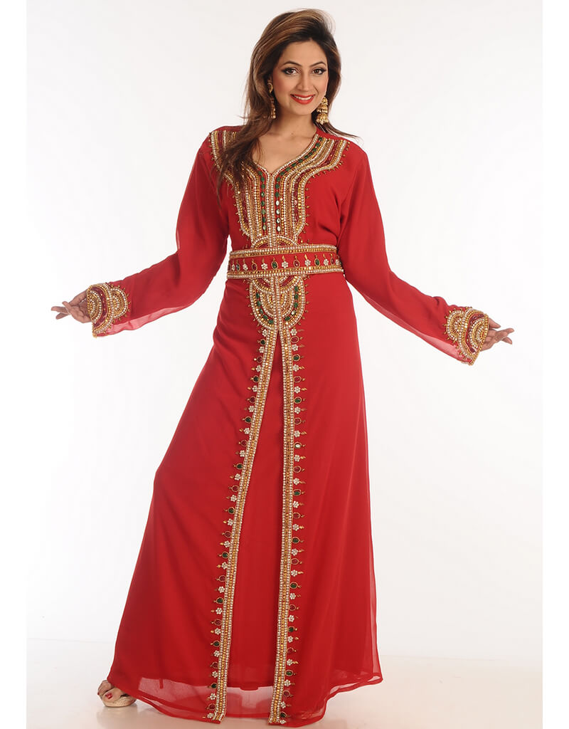Elegant Arabic Red Georgette Kaftan with Hand Zari Embroidery - Perfect for Weddings, Parties & Special Occasions