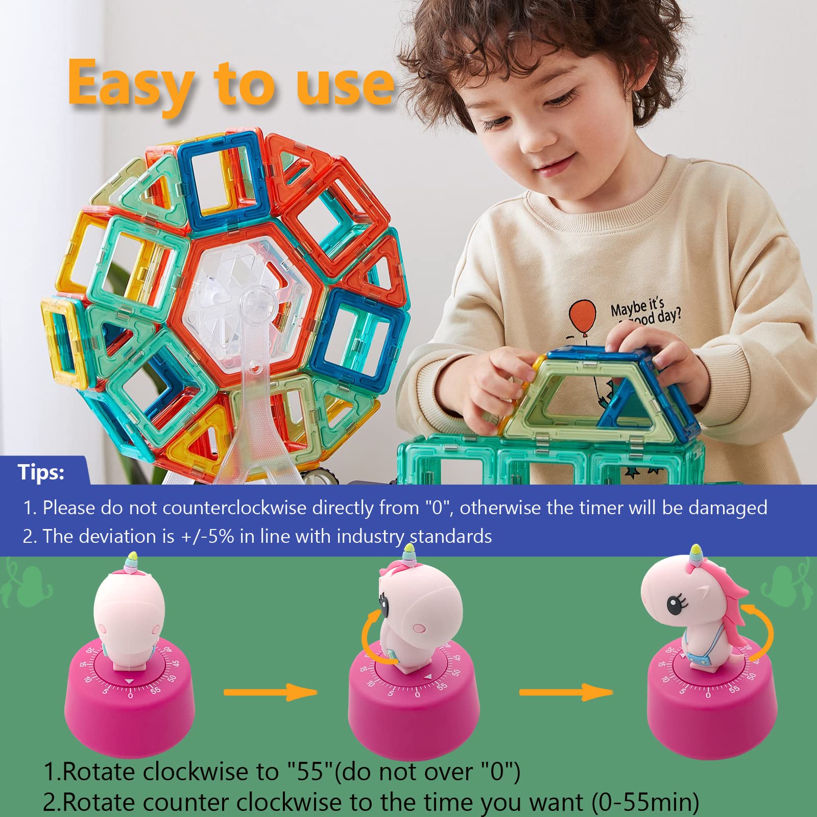 60-Minute Mechanical Timer for Kids Classroom, Kitchen Cooking, Study & Workout - Pink Unicorn Design | Perfect for Baking, Shower Countdown & Time Management