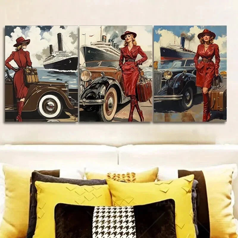 3-Piece Retro Modern Girl Wall Art Set - Framed Canvas 50x70cm (20x28in) - High Quality Print - 100% Australian Made - Ready to Hang - Perfect for Living Room, Bedroom & Office Decor