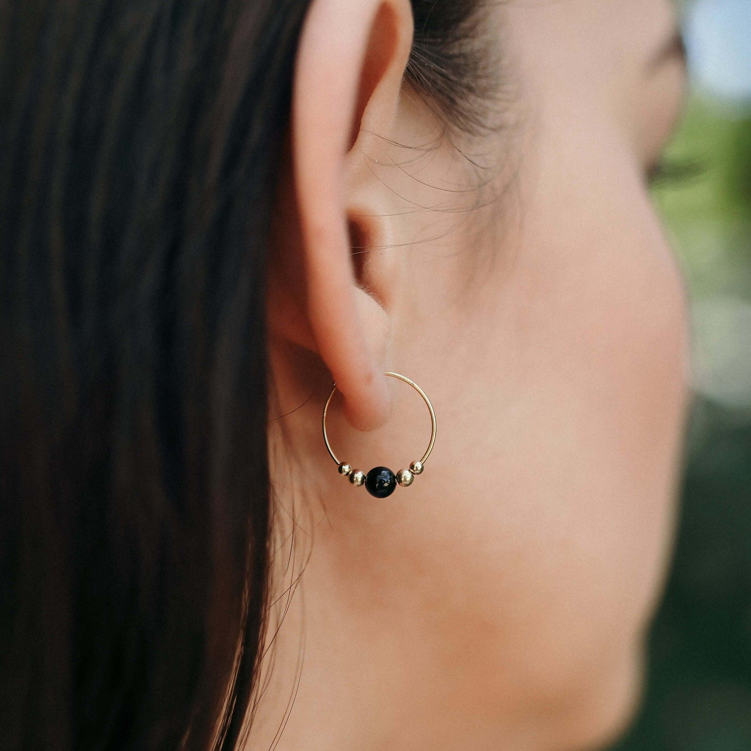 Black Tourmaline Beaded Hoop Earrings for Women - Tiny Adjustable Crystal Healing Jewelry for Protection & Positive Energy - Perfect for Everyday Wear, Meditation & Spiritual Gifts