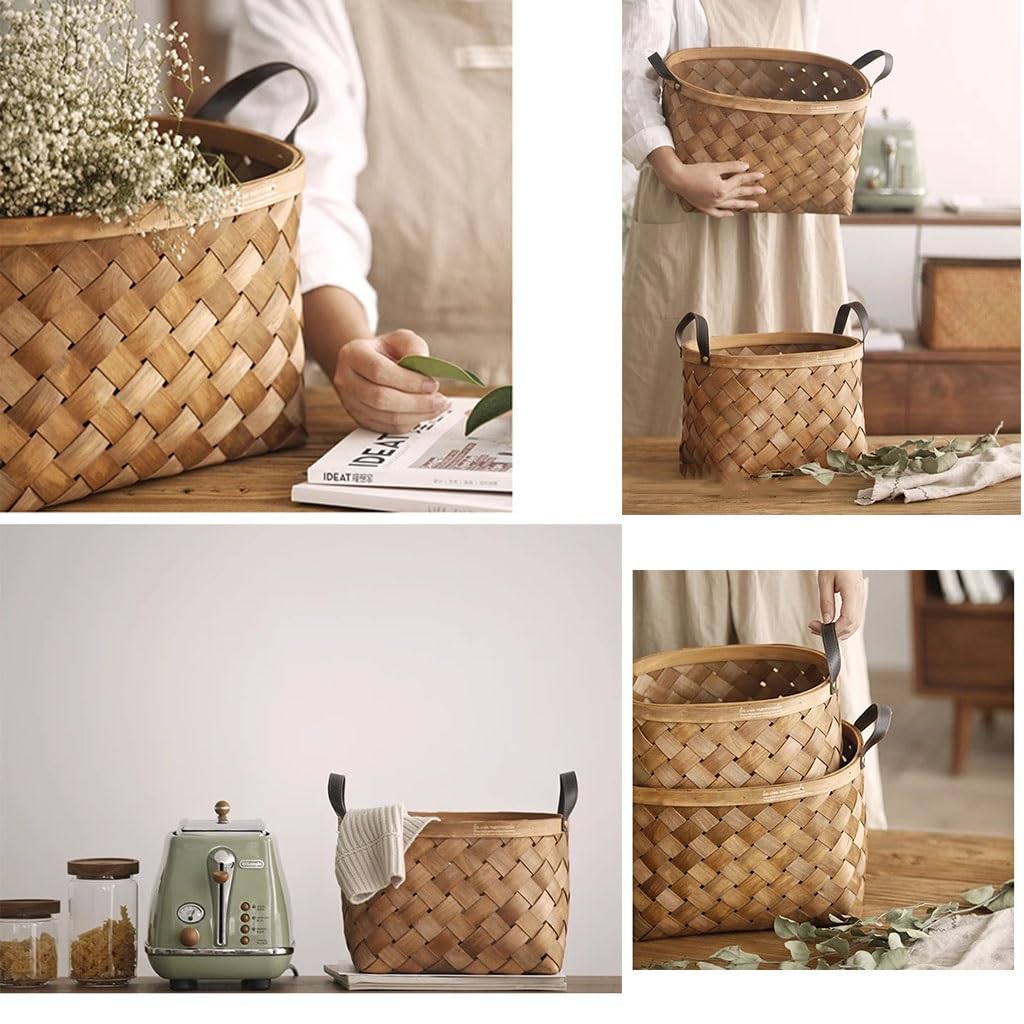 Round Woven Storage Basket with Leather Handle - Open Design Organizer for Shelves, Living Room, Nursery & Bathroom - Small Felt Basket for Home Decor & Countertop Storage