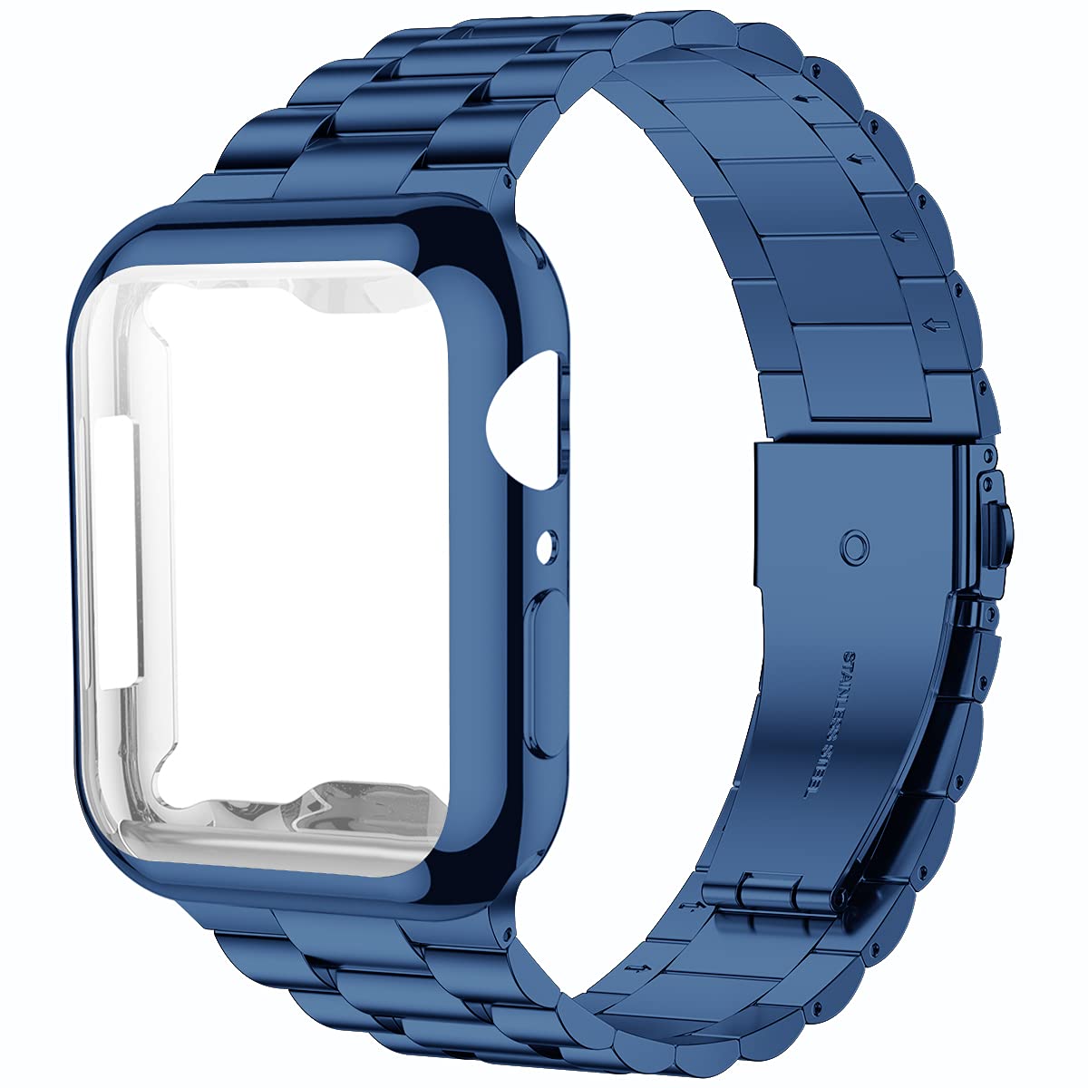 Premium Stainless Steel Apple Watch Band 44mm Compatible with Series 6/5/4/SE - Durable Metal iWatch Strap with Screen Protector Case for Men & Women (Blue) - Perfect for Workouts, Office & Everyday Wear