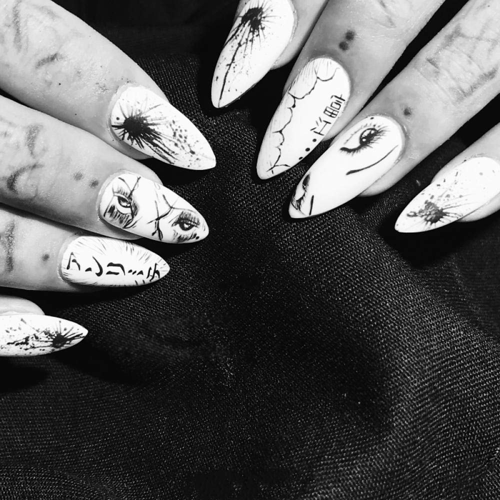 HUIL False Nails - Black & White Pure Color Fashion Caricature Fake Nails | Japanese Punk Style Full Nail Tips | Perfect for Parties, Cosplay & Gothic Fashion