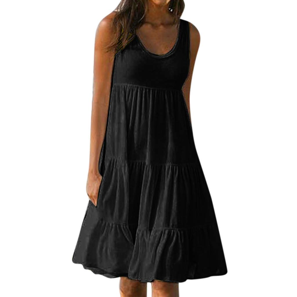 Women's Summer Casual Round Neck T-Shirt Dress - AODONG Pleated Plain Tank Beach Cover Up Dress in Black | Perfect for Beach Outings, Vacation Wear & Casual Everyday Style
