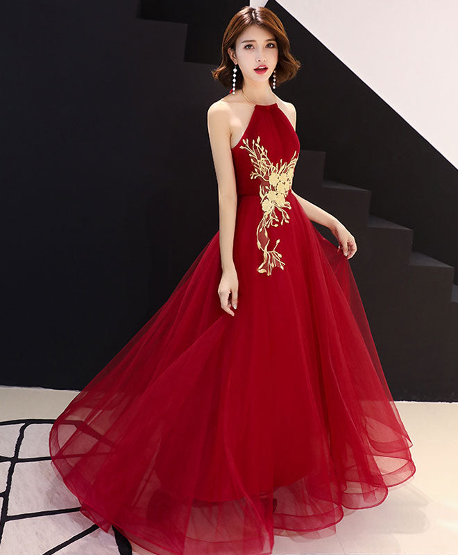 Elegant Burgundy Tulle Lace Long Prom Dress with Flowy Skirt | Formal Evening Gown for Homecoming, Quinceañera & Special Occasions