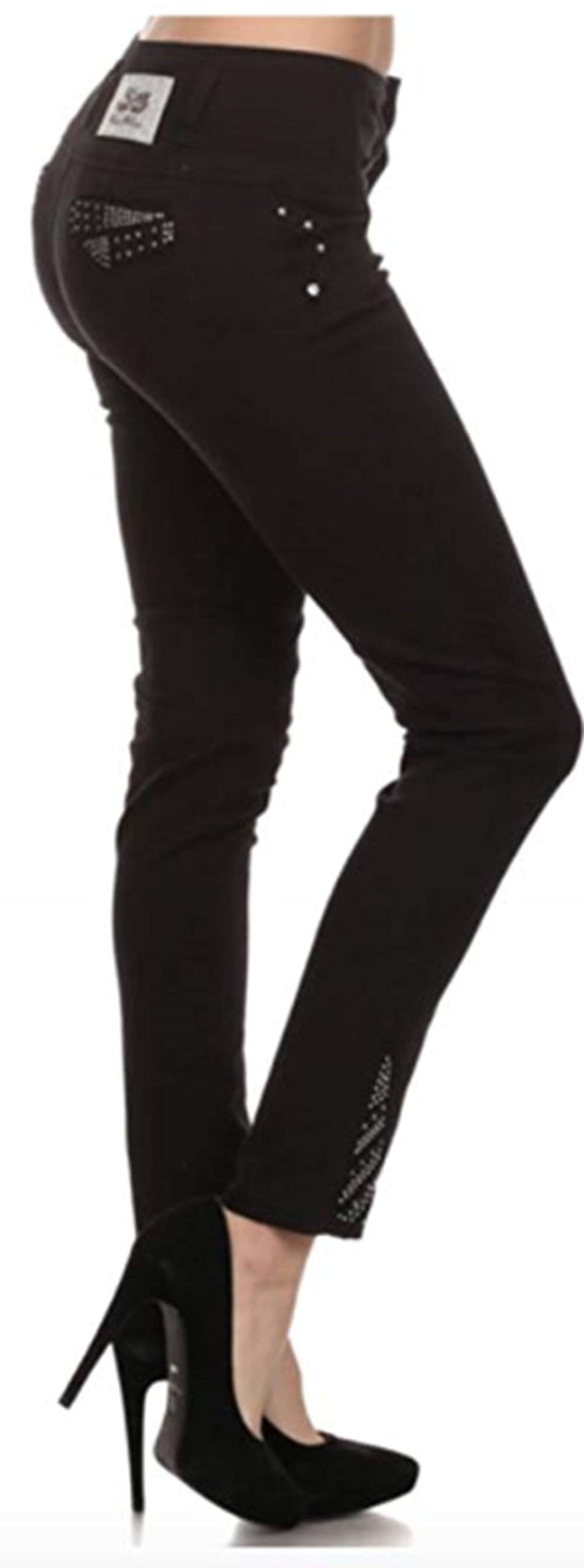Jet Black Silver Diva High Waisted Straight Leg Butt-Lifting Skinny Jeans with Studs - Perfect for Night Out, Party & Casual Wear
