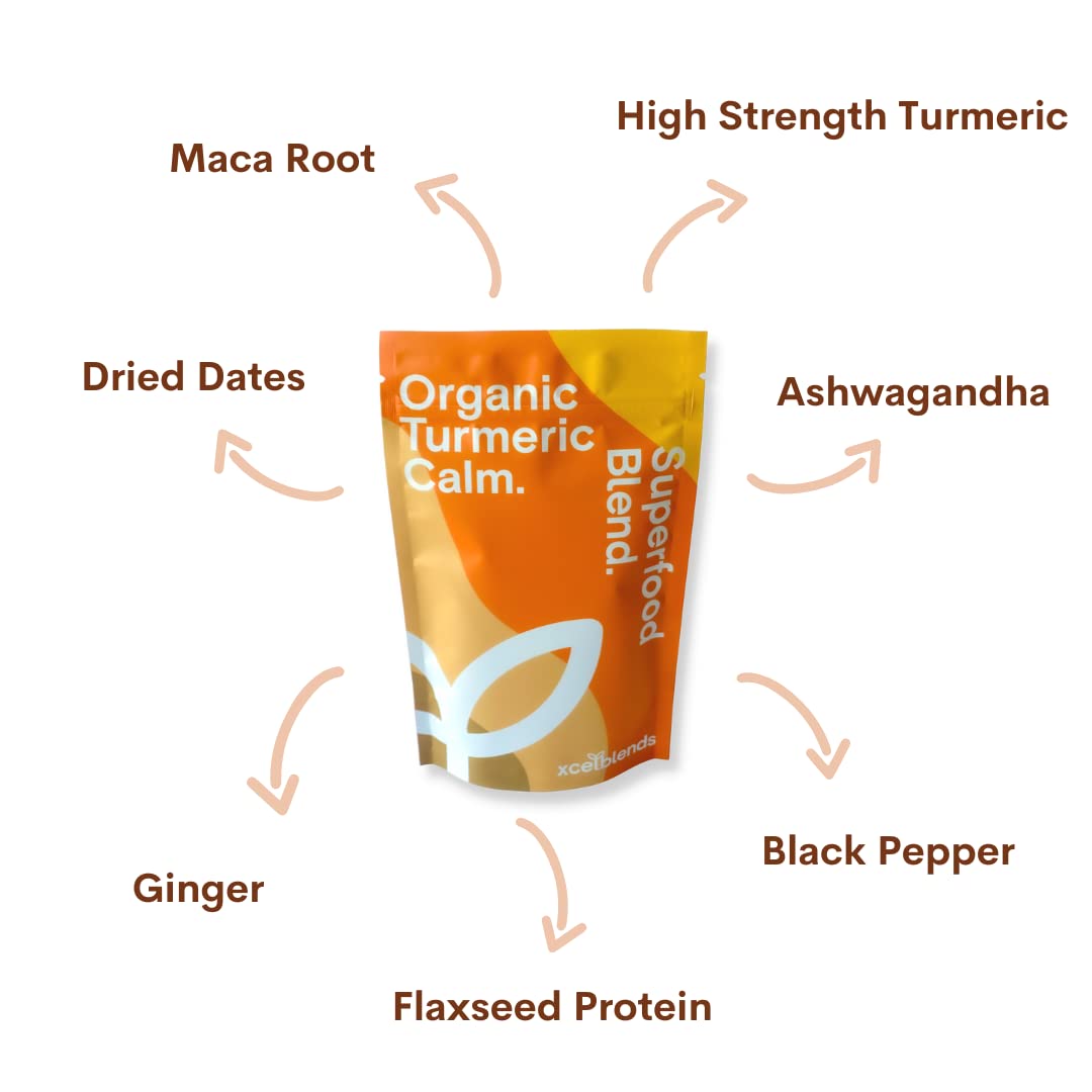 Healthxcel Organic Turmeric Powder with Black Pepper, Ginger, Flaxseed, Ashwagandha & Maca Root - 150g Immune Support Supplement for Inflammation Relief & Stress Reduction | Ideal for Smoothies, Tea & Wellness Recipes