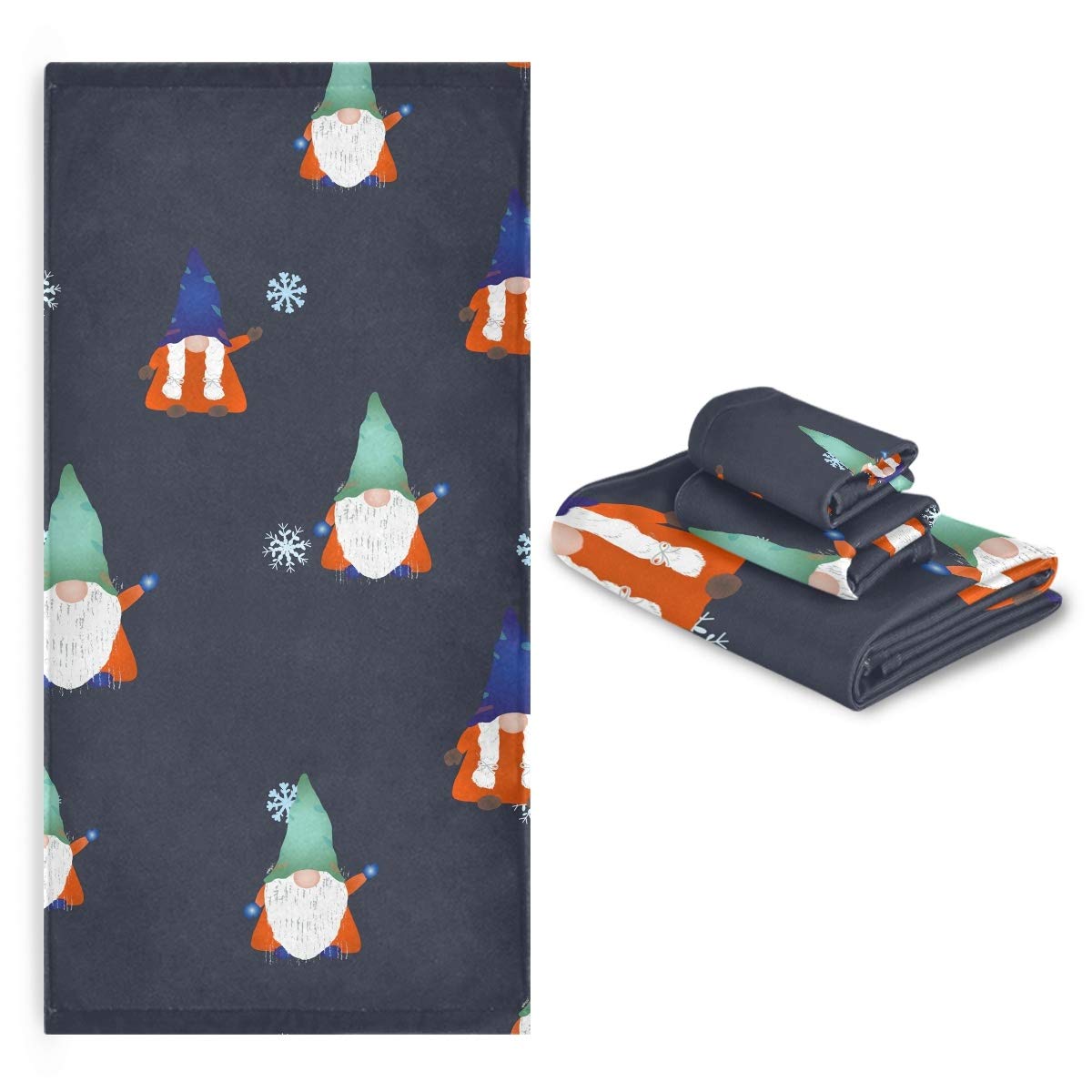 Christmas Gnome Elf 3-Piece Towel Set - 1 Bath Towel, 1 Hand Towel & 1 Washcloth | Soft Absorbent Cotton Bathroom Towels for Home, Hotel, Gym, Spa & Beach | Festive Holiday Decor & Gift Idea