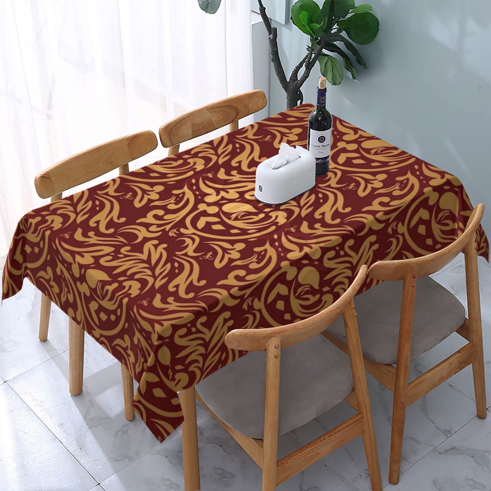 Gothic Style Maroon & Gold Damask Rectangle Tablecloth - Dust Proof, Anti-Wrinkle, Wipeable - 54x72 Inch Table Cover for Wedding, Dinner Party, Holiday Decor & Home Dining Elegance