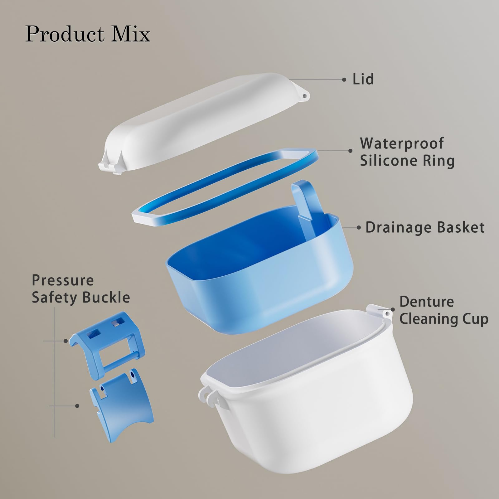 BVN Leak-Proof Denture Storage Case - Denture Soaking Cup & Retainer Cleaning Holder (Blue & White) - Perfect for Travel, Overnight Soaking & Denture Care at Home