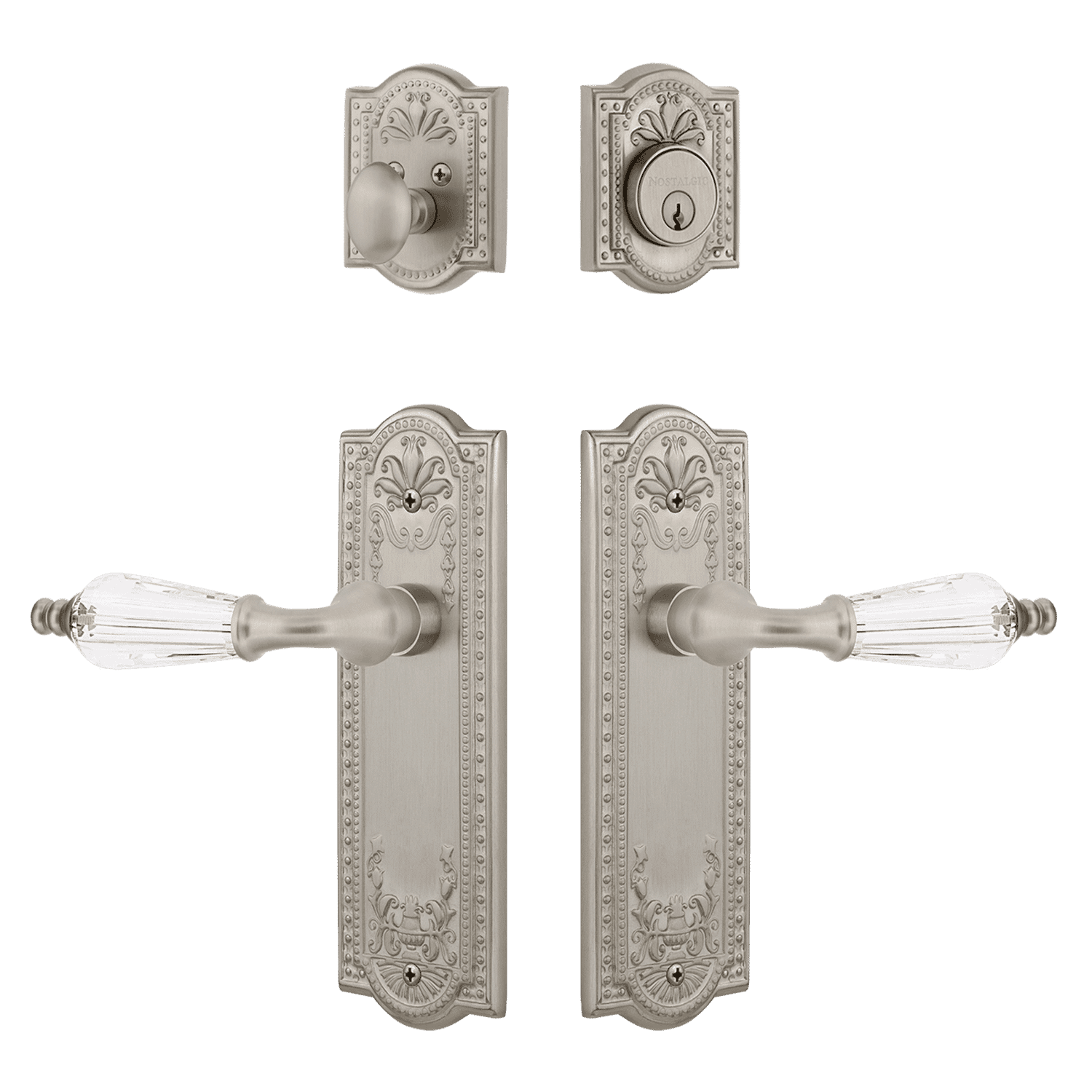 Meadows Entry Door Set with Parlour Crystal Lever in Satin Nickel Finish - Elegant Front Door Hardware for Home Security & Curb Appeal
