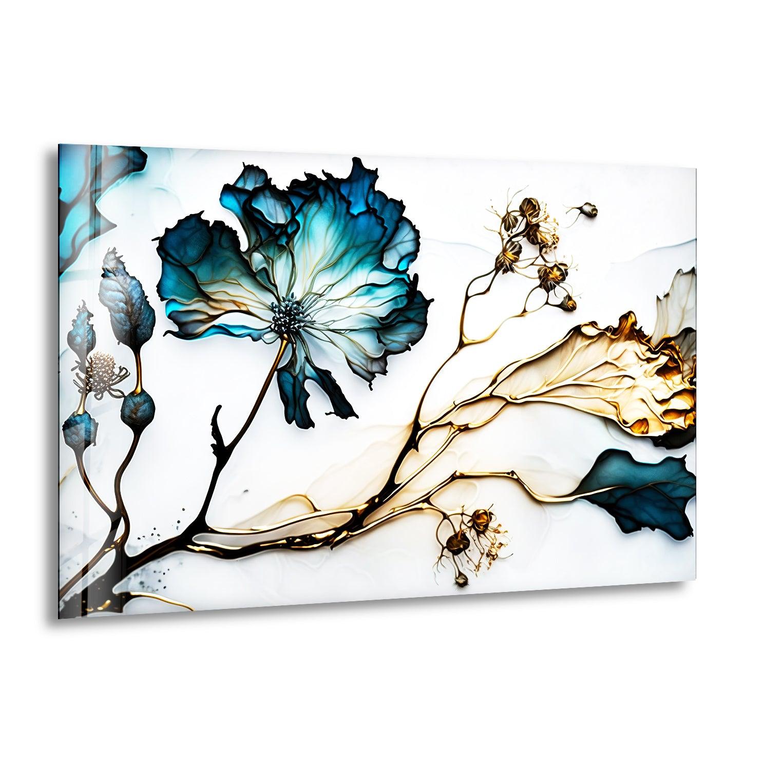 Blue Abstract Flower Glass Wall Art - Modern Home Decor for Living Room, Bedroom & Office - Handmade Glass Painting for Unique Interior Design