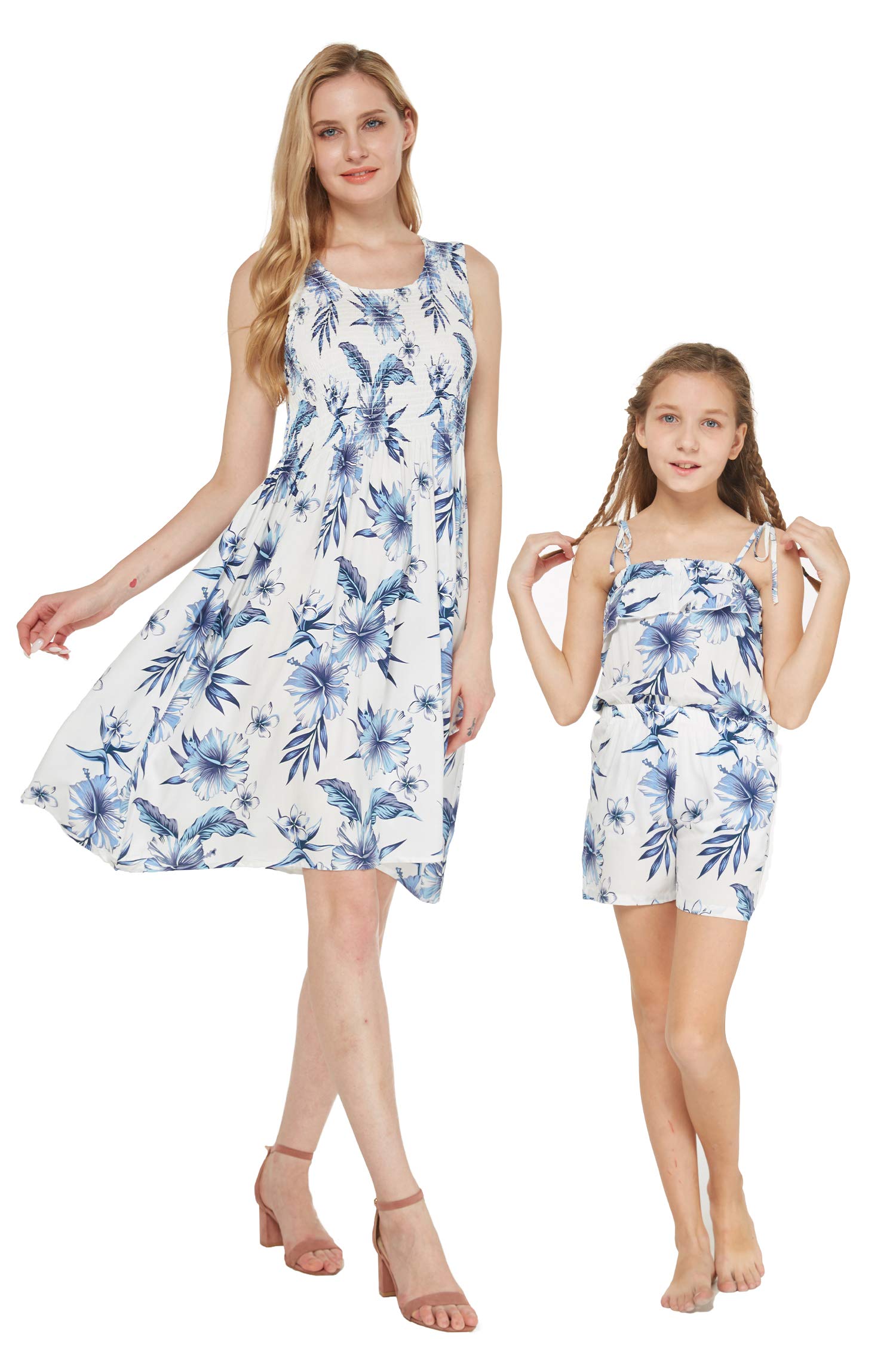 Mother & Daughter Matching Hawaiian Luau Midi Dress and Romper Set - Floral Day Dream Bloom Print - Perfect for Beach Vacations, Family Photos & Summer Parties