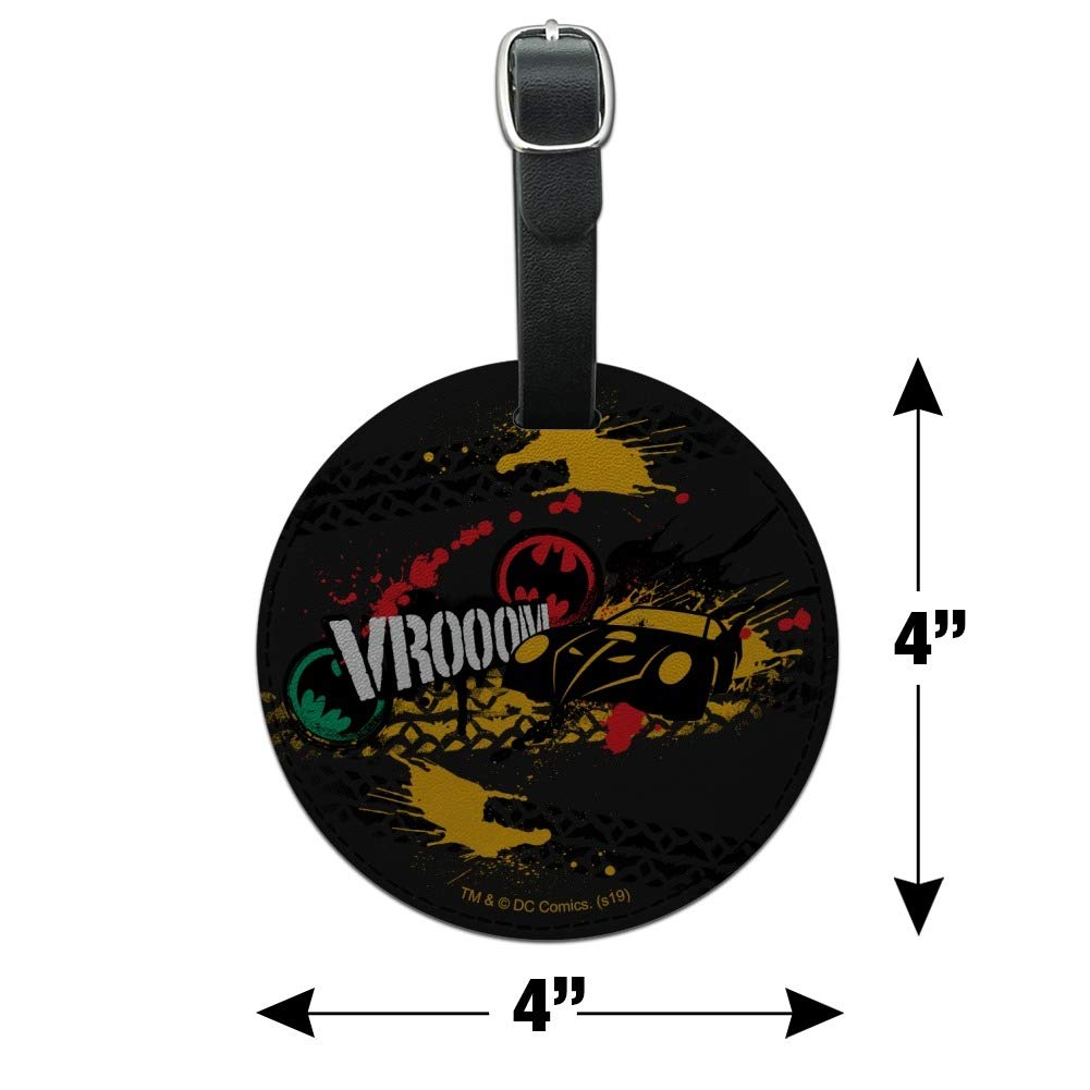 Batman Batmobile VROOOM Round Leather Luggage Tag - Durable Suitcase ID Tag for Carry-On Bags - Perfect for Travel, Cosplay & Superhero Fans