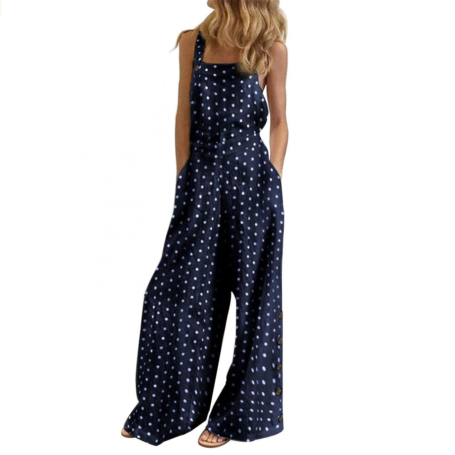 Floral Printed Jumpsuits for Women - Casual Sleeveless Spaghetti Strap Rompers & Baggy Bib Overalls with Wide Leg Pants - Plus Size Summer Outfits for Beach, Vacation and Casual Wear