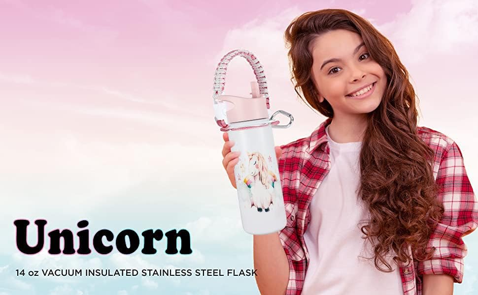 18oz Unicorn Stainless Steel Water Bottle - Leak Proof, 36-Hour Cold Retention, Dishwasher Safe, Wide Mouth with Straw & Removable Handle - Double Wall Vacuum Insulated for School, Gym, Hiking & Outdoor Activities