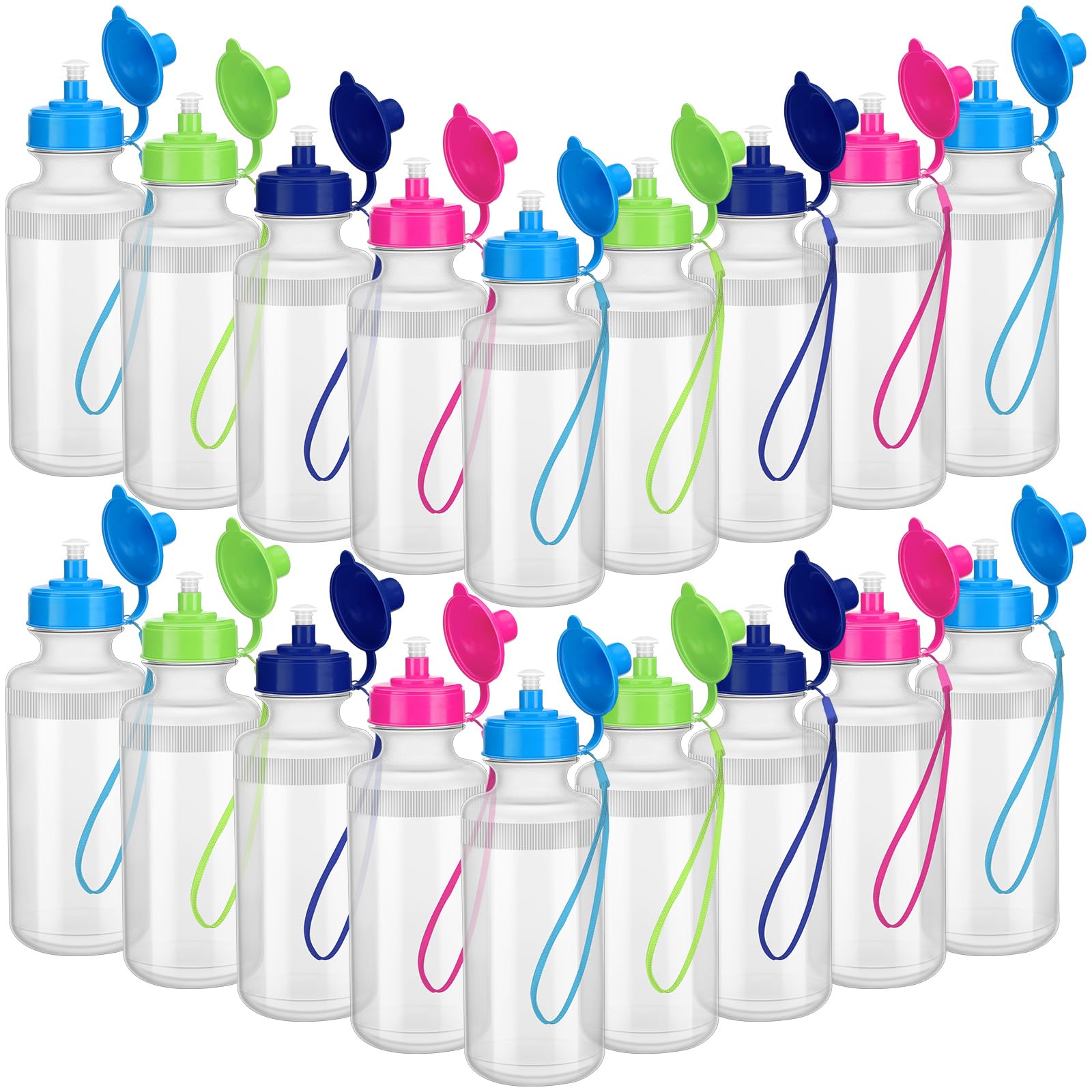 Zubebe 36 Pack Reusable 21oz Sports Water Bottles - Squeeze Plastic Water Bottles with Leak Proof Nylon Strap for School, Football Team, Beach, Summer & Graduation Gifts - DIY Blank Bottles (Bright Colors) - Perfect for Hydration at Sports Events, Outdoor Activities & Team Building