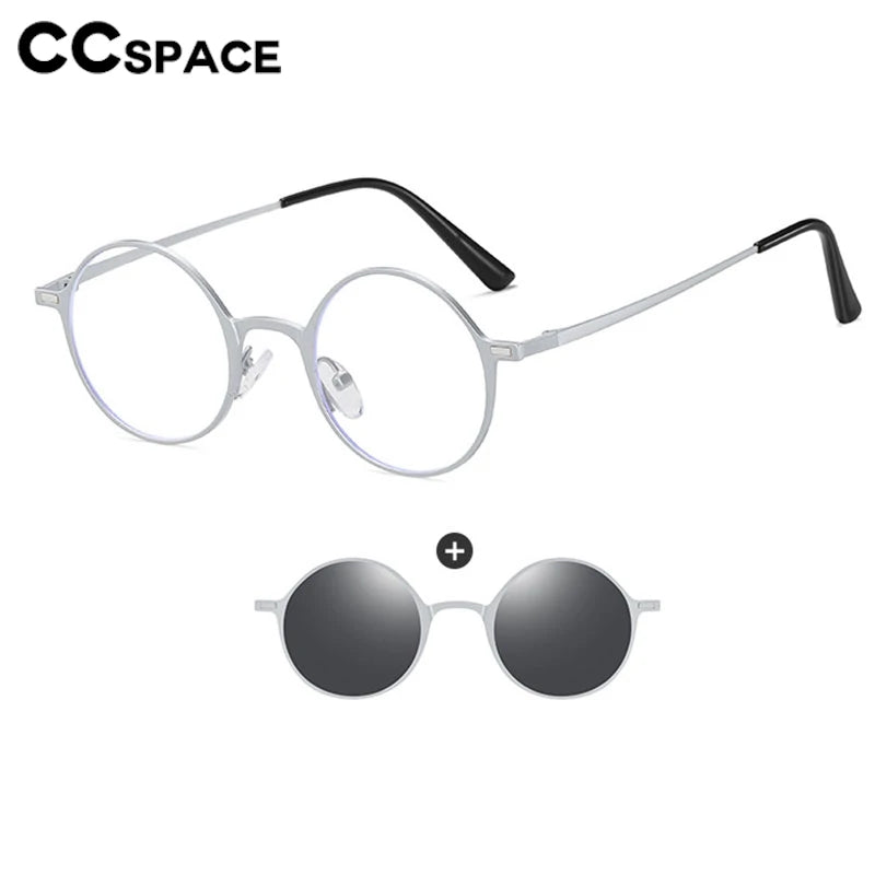 CCspace Women's Full Rim Round Alloy Eyeglasses with Clip-On Sunglasses - Stylish & Lightweight Frame for Reading, Driving, and Outdoor Activities (Model 302147)