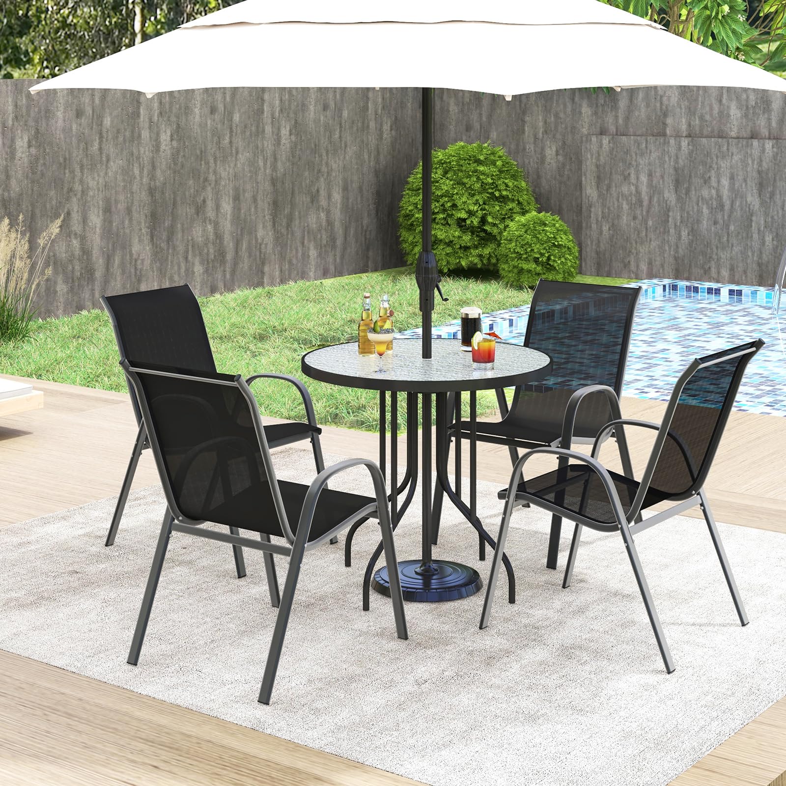 AFSTAR 4-Piece Stackable Patio Chairs Set with Armrests & Breathable Fabric - Outdoor Dining Chairs for Backyard, Poolside, Garden & Patio Furniture - Perfect for Relaxing, Entertaining & Outdoor Dining