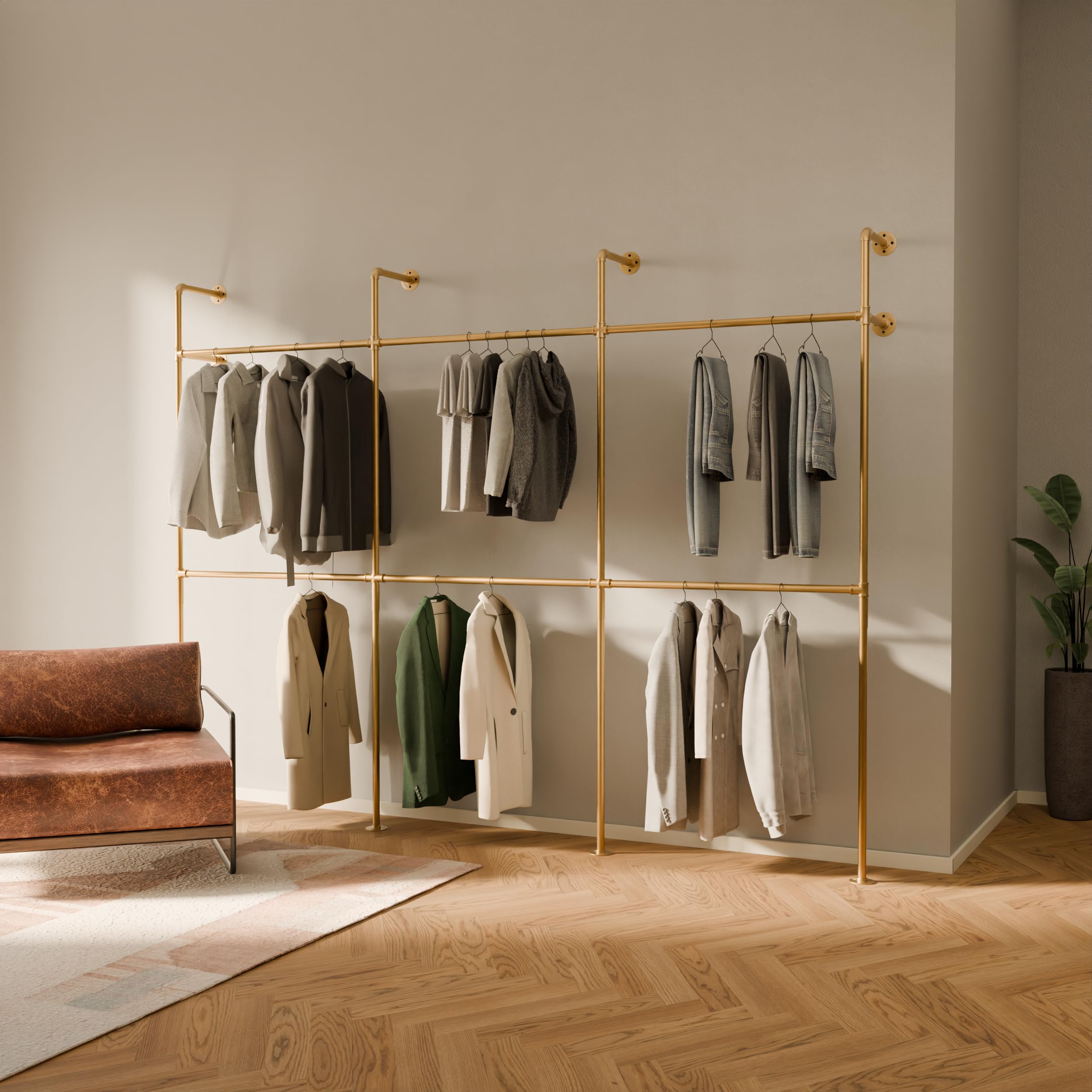 Heavy Duty Industrial Pipe Clothing Rack - Gold Wall Mounted Garment Rack with 880 lbs Capacity - Walk-In Closet Organizer for Bedroom, Laundry Room & Commercial Use