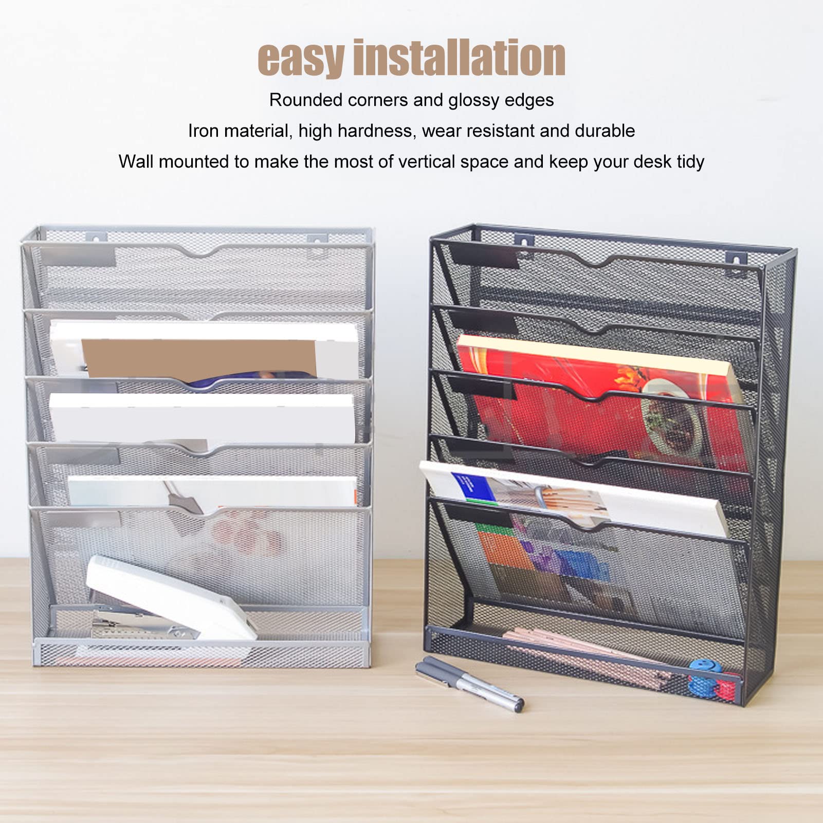 5 Tier Wall File Organizer - Metal Wall Mounted Magazine Rack for Office & Home - Space Saving Document Storage Shelf for Bills, Letters, Books - Silver Grid Holder for Organization & Decluttering