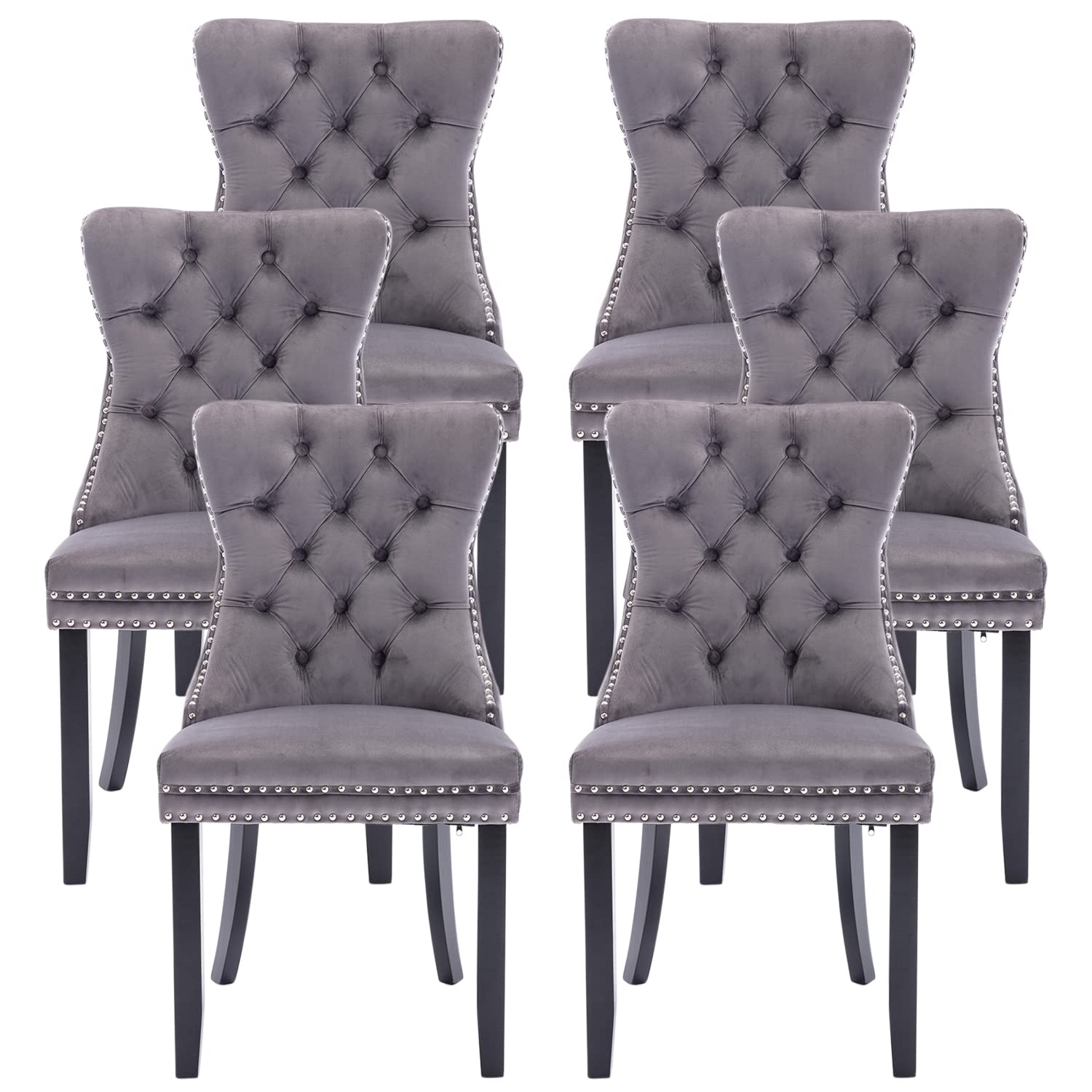 Kiztir 6-Piece Velvet Upholstered Dining Chairs Set with Ring Pull Trim & Button Back - Tufted Luxury Chairs for Dining Room, Living Room, Bedroom or Kitchen - Perfect for Home Decor & Entertaining (Grey)