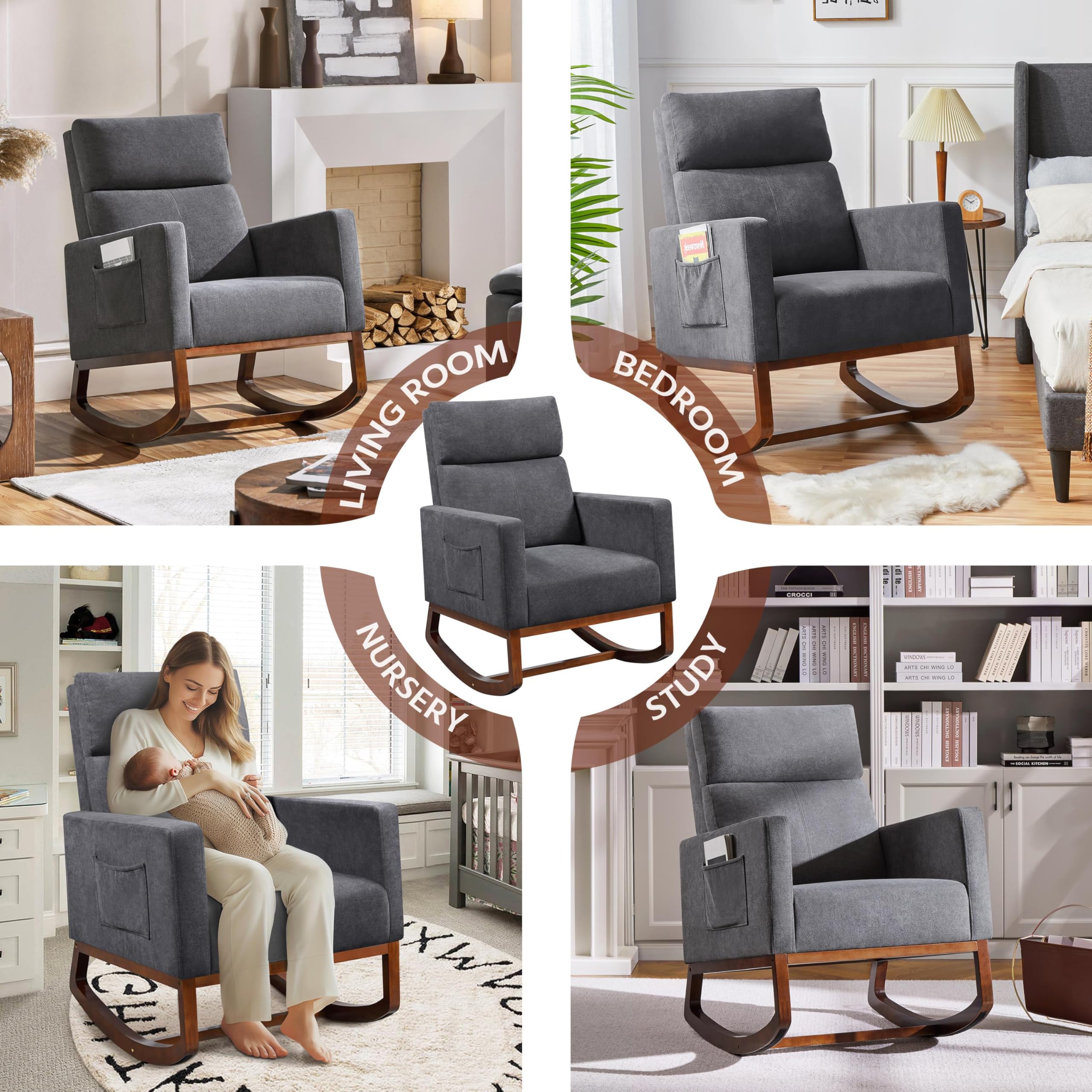Yaheetech Upholstered Glider Rocking Chair with Side Pocket - High Back Nursery Chair with Rubber Wood Legs - Comfortable Accent Armchair for Living Room, Bedroom & Nursery (Gray) - Perfect for Nursing, Reading & Relaxing